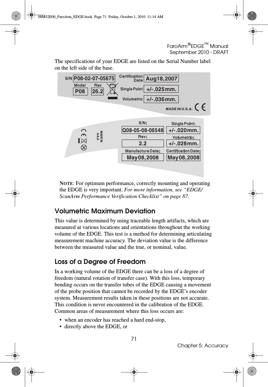 FaroArm®EDGE™ ManualSeptember 2010 - DRAFT71Chapter 5: AccuracyThe specifications of your EDGE are listed on the Serial Number label on the left side of the base.NOTE: For optimum performance, correctly mounting and operating the EDGE is very important. For more information, see “EDGE/ScanArm Performance Verification Checklist” on page 87. Volumetric Maximum DeviationThis value is determined by using traceable length artifacts, which are measured at various locations and orientations throughout the working volume of the EDGE. This test is a method for determining articulating measurement machine accuracy. The deviation value is the difference between the measured value and the true, or nominal, value. Loss of a Degree of FreedomIn a working volume of the EDGE there can be a loss of a degree of freedom (natural rotation of transfer case). With this loss, temporary bending occurs on the transfer tubes of the EDGE causing a movement of the probe position that cannot be recorded by the EDGE’s encoder system. Measurement results taken in these positions are not accurate. This condition is never encountered in the calibration of the EDGE. Common areas of measurement where this loss occurs are:• when an encoder has reached a hard end-stop,• directly above the EDGE, orS/NS/NModelModel RevRev Single PointSingle PointVolumetricVolumetricCertification Certification DateDateMADE IN U.S.A.P08-02-07-05675P0826.2Aug18, 2007+/- .036 mm.+/- .025 mm.Q08-05-08-065482.2May 08, 2008May 08, 2008+/- .028 mm.+/- .020 mm.Rev:MADE INU.S.AS/N:Volumetric:Certification Date:Manufacture Date:Single Point:08M52E00_FaroArm_EDGE.book  Page 71  Friday, October 1, 2010  11:14 AM