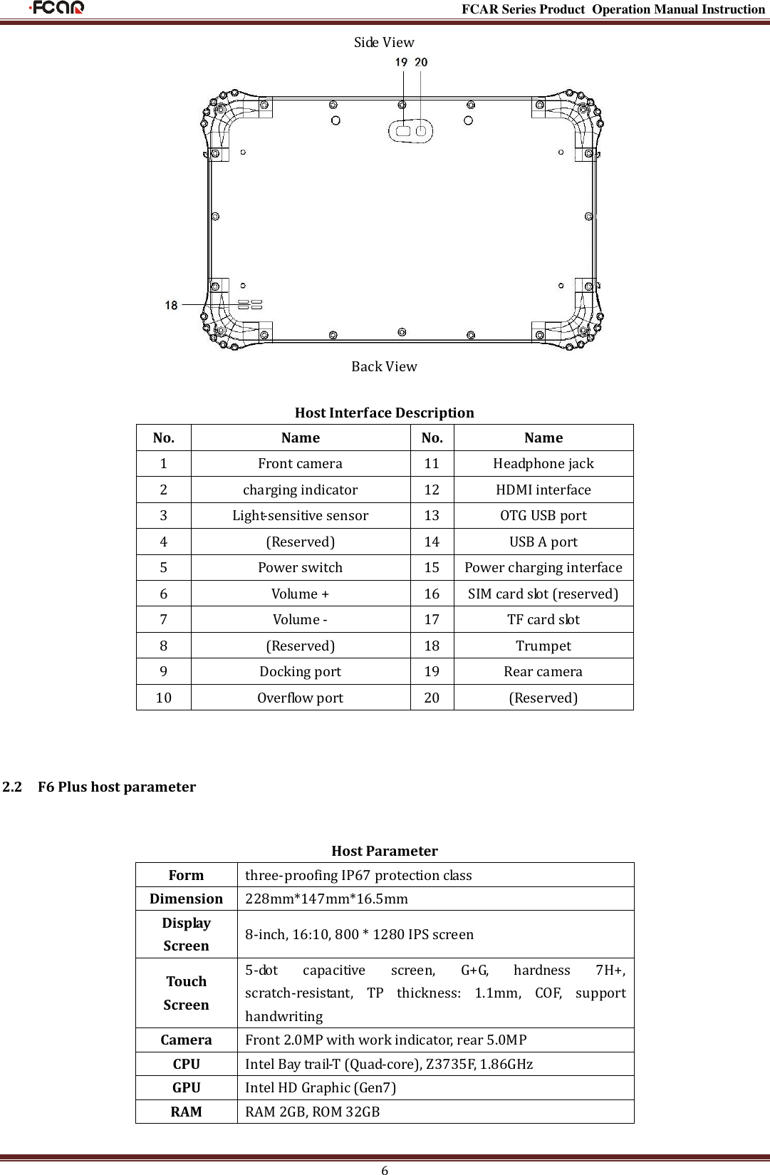                                                                                                           FCAR Series Product Operation Manual Instruction 6 Side View  Back View  Host Interface Description No. Name No. Name 1 Front camera 11 Headphone jack 2 charging indicator 12 HDMI interface 3 Light-sensitive sensor 13 OTG USB port   4 (Reserved) 14 USB A port 5 Power switch 15 Power charging interface 6 Volume + 16 SIM card slot (reserved) 7 Volume - 17 TF card slot 8 (Reserved) 18 Trumpet 9 Docking port   19 Rear camera 10 Overflow port 20 (Reserved)  2.2    F6 Plus host parameter Host Parameter Form three-proofing IP67 protection class Dimension 228mm*147mm*16.5mm Display Screen 8-inch, 16:10, 800 * 1280 IPS screen Touch Screen 5-dot  capacitive  screen,  G+G,  hardness  7H+, scratch-resistant,  TP  thickness:  1.1mm,  COF,  support handwriting Camera Front 2.0MP with work indicator, rear 5.0MP CPU Intel Bay trail-T (Quad-core), Z3735F, 1.86GHz GPU Intel HD Graphic (Gen7) RAM RAM 2GB, ROM 32GB  