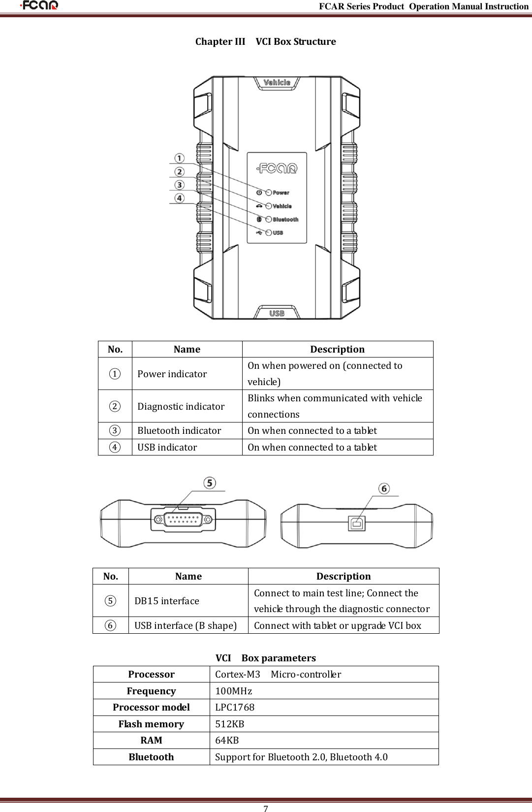                                                                                                           FCAR Series Product Operation Manual Instruction 7 Chapter III    VCI Box Structure    No. Name Description ① Power indicator On when powered on (connected to vehicle) ② Diagnostic indicator Blinks when communicated with vehicle connections ③ Bluetooth indicator On when connected to a tablet ④ USB indicator On when connected to a tablet       No. Name Description ⑤ DB15 interface Connect to main test line; Connect the vehicle through the diagnostic connector ⑥ USB interface (B shape) Connect with tablet or upgrade VCI box  VCI    Box parameters Processor Cortex-M3    Micro-controller Frequency 100MHz Processor model LPC1768 Flash memory 512KB RAM 64KB Bluetooth Support for Bluetooth 2.0, Bluetooth 4.0   