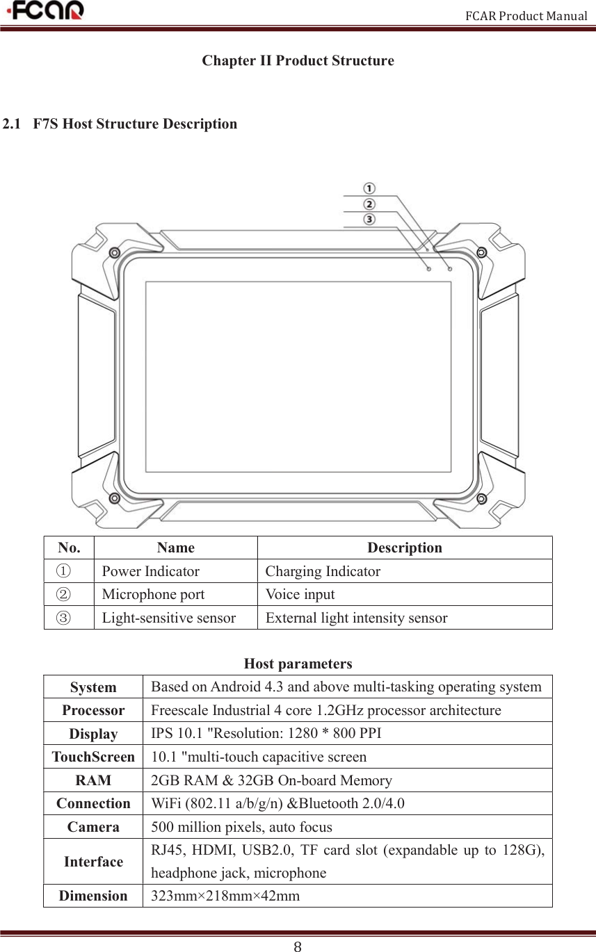                                                           FCAR Product Manual 8 Chapter II Product Structure 2.1 F7S Host Structure Description  No.  Name  Description ķ  Power Indicator  Charging Indicator ĸ  Microphone port  Voice input Ĺ  Light-sensitive sensor  External light intensity sensor  Host parameters System  Based on Android 4.3 and above multi-tasking operating systemProcessor  Freescale Industrial 4 core 1.2GHz processor architecture Display  IPS 10.1 &quot;Resolution: 1280 * 800 PPI TouchScreen 10.1 &quot;multi-touch capacitive screen RAM  2GB RAM &amp; 32GB On-board Memory Connection WiFi (802.11 a/b/g/n) &amp;Bluetooth 2.0/4.0 Camera  500 million pixels, auto focus Interface  RJ45,  HDMI,  USB2.0,  TF card slot (expandable up  to 128G), headphone jack, microphone Dimension  323mm×218mm×42mm 