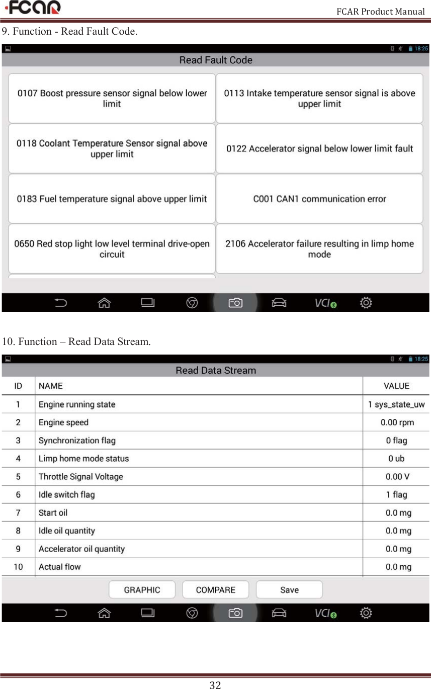                                                           FCAR Product Manual 32 9. Function - Read Fault Code.     10. Function – Read Data Stream.   