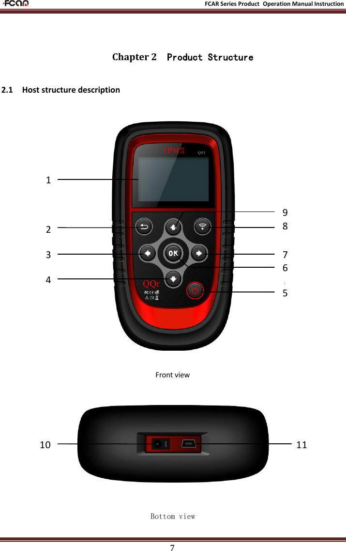                                                           FCAR Series Product Operation Manual Instruction 7   Chapter 2    Product Structure 2.1    Host structure description       Front view    Bottom view 1 2 3 4 5 6 1  7 8 9 10 11 