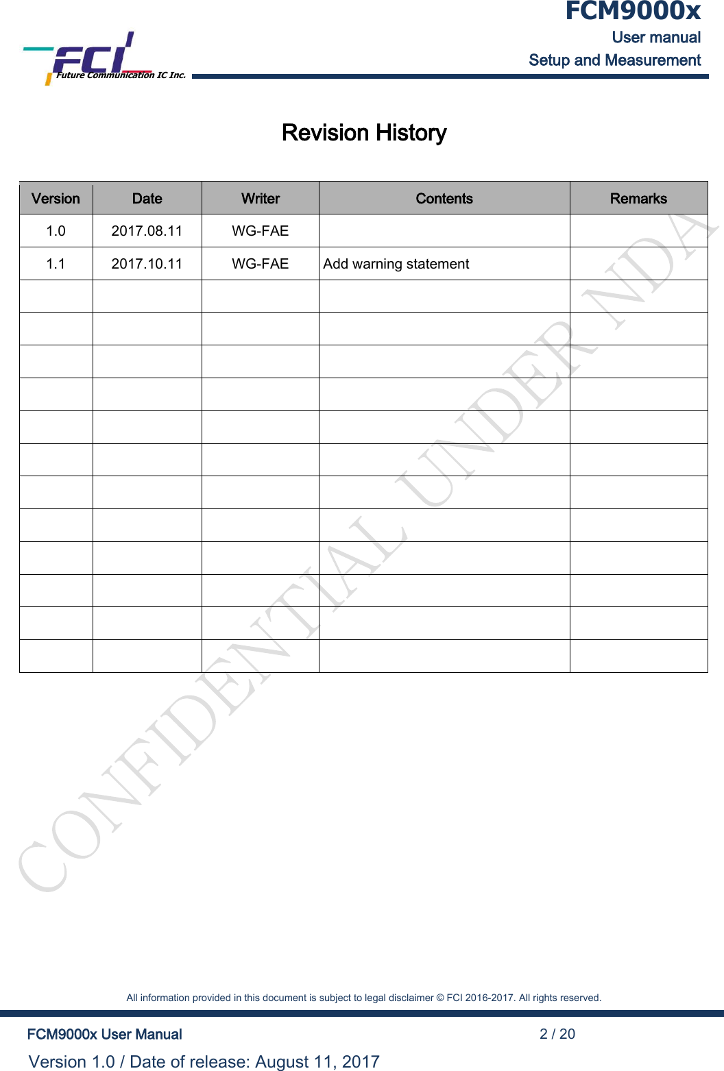  FCM9000x User manual Setup and Measurement Future Communication IC Inc.    All information provided in this document is subject to legal disclaimer &copy; FCI 2016-2017. All rights reserved.  FCM9000x User Manual                                                                                          2 / 20 Version 1.0 / Date of release: August 11, 2017  Revision History  Version Date Writer Contents Remarks 1.0 2017.08.11 WG-FAE   1.1 2017.10.11 WG-FAE Add warning statement                                                               