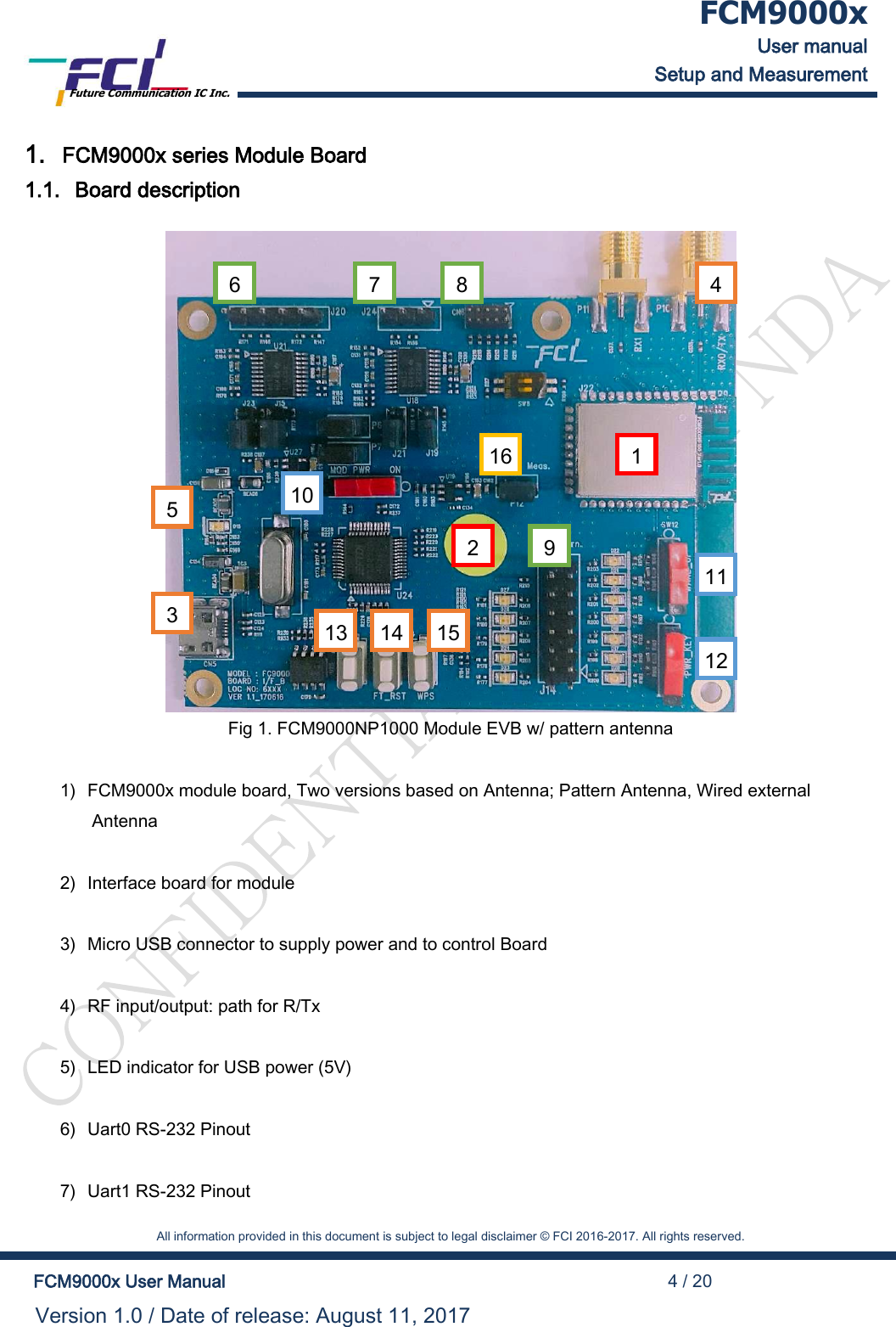  FCM9000x User manual Setup and Measurement Future Communication IC Inc.    All information provided in this document is subject to legal disclaimer &copy; FCI 2016-2017. All rights reserved.  FCM9000x User Manual                                                                                          4 / 20 Version 1.0 / Date of release: August 11, 2017  1. FCM9000x series Module Board 1.1. Board description          Fig 1. FCM9000NP1000 Module EVB w/ pattern antenna  1) FCM9000x module board, Two versions based on Antenna; Pattern Antenna, Wired external Antenna  2) Interface board for module  3) Micro USB connector to supply power and to control Board  4) RF input/output: path for R/Tx  5) LED indicator for USB power (5V)  6) Uart0 RS-232 Pinout  7) Uart1 RS-232 Pinout 1 2 3 4 6 7 8 11 12 10 13 14 15 9 16 5 