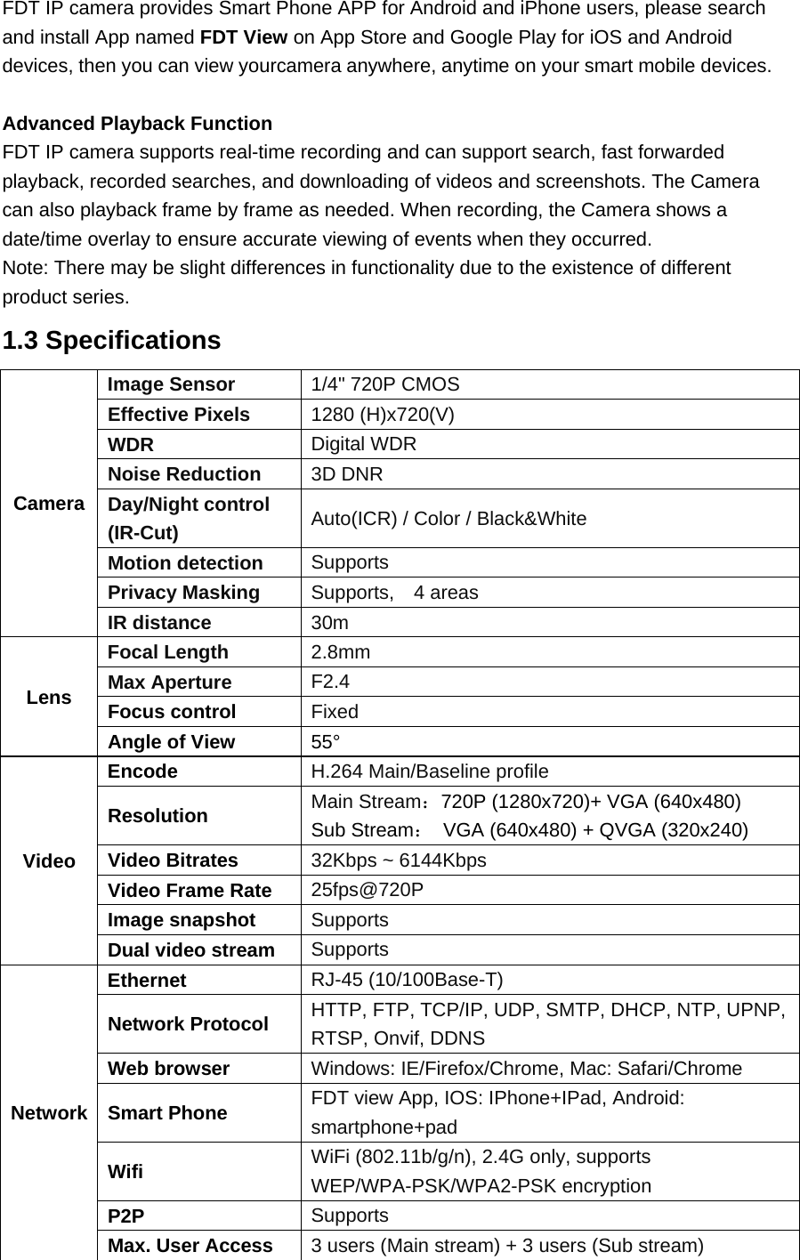 FDT IP camera provides Smart Phone APP for Android and iPhone users, please search and install App named FDT View on App Store and Google Play for iOS and Android devices, then you can view yourcamera anywhere, anytime on your smart mobile devices.  Advanced Playback Function FDT IP camera supports real-time recording and can support search, fast forwarded playback, recorded searches, and downloading of videos and screenshots. The Camera can also playback frame by frame as needed. When recording, the Camera shows a date/time overlay to ensure accurate viewing of events when they occurred.   Note: There may be slight differences in functionality due to the existence of different product series. 1.3 Specifications Camera Image Sensor  1/4&quot; 720P CMOS Effective Pixels  1280 (H)x720(V) WDR  Digital WDR Noise Reduction  3D DNR Day/Night control (IR-Cut)  Auto(ICR) / Color / Black&amp;White Motion detection  Supports Privacy Masking  Supports,  4 areas IR distance  30m Lens Focal Length  2.8mm Max Aperture  F2.4 Focus control  Fixed Angle of View  55° Video Encode  H.264 Main/Baseline profile Resolution  Main Stream：720P (1280x720)+ VGA (640x480) Sub Stream：  VGA (640x480) + QVGA (320x240) Video Bitrates  32Kbps ~ 6144Kbps Video Frame Rate  25fps@720P Image snapshot  Supports Dual video stream  Supports Network Ethernet  RJ-45 (10/100Base-T) Network Protocol  HTTP, FTP, TCP/IP, UDP, SMTP, DHCP, NTP, UPNP, RTSP, Onvif, DDNS Web browser  Windows: IE/Firefox/Chrome, Mac: Safari/Chrome Smart Phone  FDT view App, IOS: IPhone+IPad, Android: smartphone+pad Wifi  WiFi (802.11b/g/n), 2.4G only, supports WEP/WPA-PSK/WPA2-PSK encryption P2P  Supports Max. User Access  3 users (Main stream) + 3 users (Sub stream) 