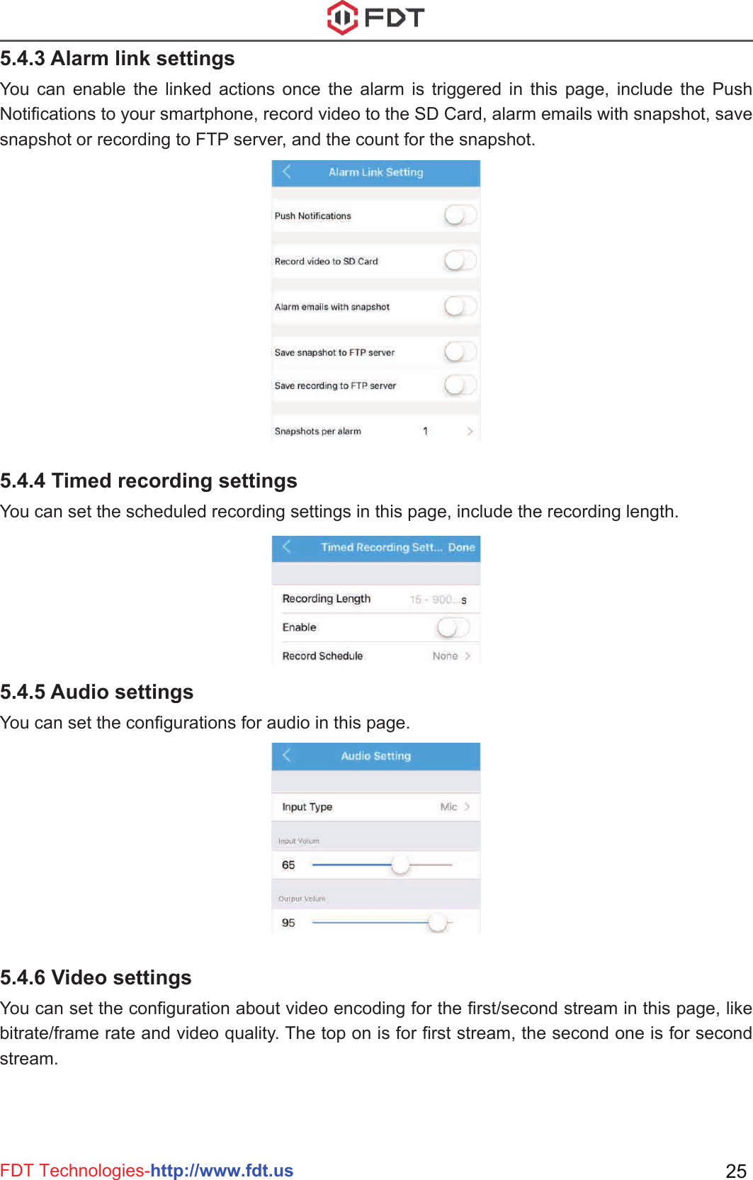 FDT Technologies-http://www.fdt.us 25You can enable the linked actions once the alarm is triggered in this page, include the Push Notifications to your smartphone, record video to the SD Card, alarm emails with snapshot, save snapshot or recording to FTP server, and the count for the snapshot.5.4.3 Alarm link settingsYou can set the scheduled recording settings in this page, include the recording length.5.4.4 Timed recording settingsYou can set the configurations for audio in this page.5.4.5 Audio settingsYou can set the configuration about video encoding for the first/second stream in this page, like bitrate/frame rate and video quality. The top on is for first stream, the second one is for second stream.5.4.6 Video settings