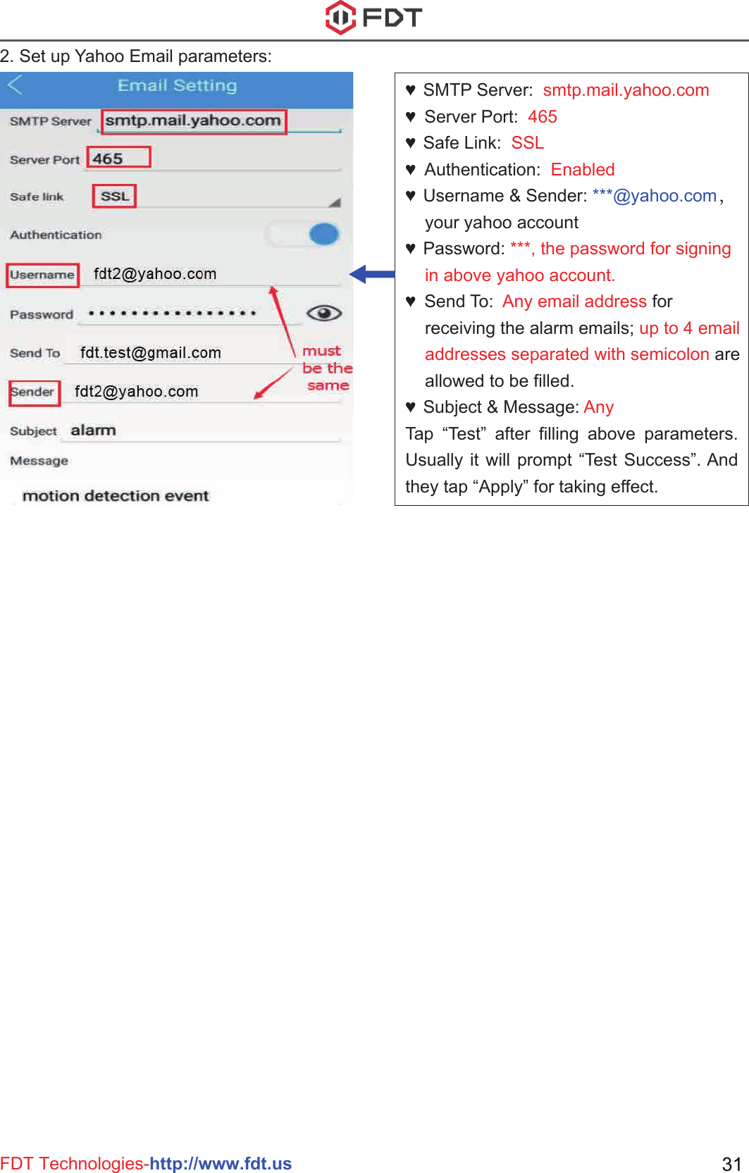 FDT Technologies-http://www.fdt.us 312. Set up Yahoo Email parameters:♥  SMTP Server:  smtp.mail.yahoo.com♥  Server Port:  465♥  Safe Link:  SSL♥  Authentication:  Enabled♥  Username &amp; Sender: ***@yahoo.com，    your yahoo account♥  Password: ***, the password for signing     in above yahoo account.♥  Send To:  Any email address for     receiving the alarm emails; up to 4 email     addresses separated with semicolon are     allowed to be filled.♥  Subject &amp; Message: Any Tap “Test” after filling above parameters. Usually it will prompt “Test Success”. And they tap “Apply” for taking effect.