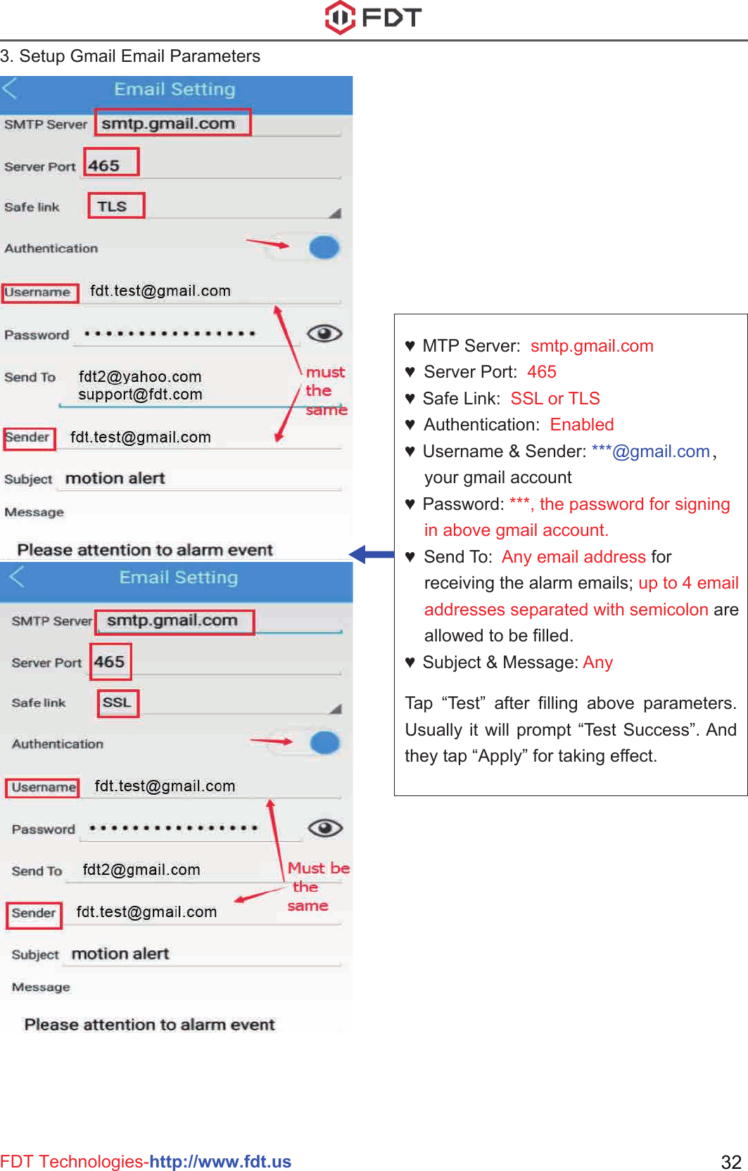 FDT Technologies-http://www.fdt.us 32♥  MTP Server:  smtp.gmail.com♥  Server Port:  465♥  Safe Link:  SSL or TLS♥  Authentication:  Enabled♥  Username &amp; Sender: ***@gmail.com，    your gmail account♥  Password: ***, the password for signing     in above gmail account.♥  Send To:  Any email address for     receiving the alarm emails; up to 4 email     addresses separated with semicolon are     allowed to be filled.♥  Subject &amp; Message: AnyTap “Test” after filling above parameters. Usually it will prompt “Test Success”. And they tap “Apply” for taking effect.3. Setup Gmail Email Parameters