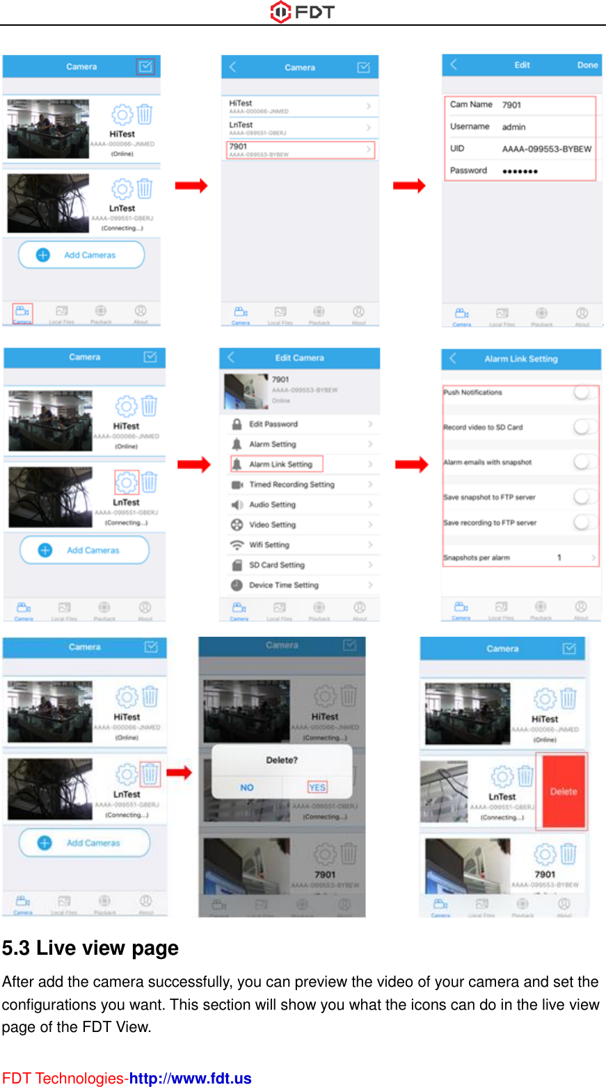  FDT Technologies-http://www.fdt.us    5.3 Live view page After add the camera successfully, you can preview the video of your camera and set the configurations you want. This section will show you what the icons can do in the live view page of the FDT View. 