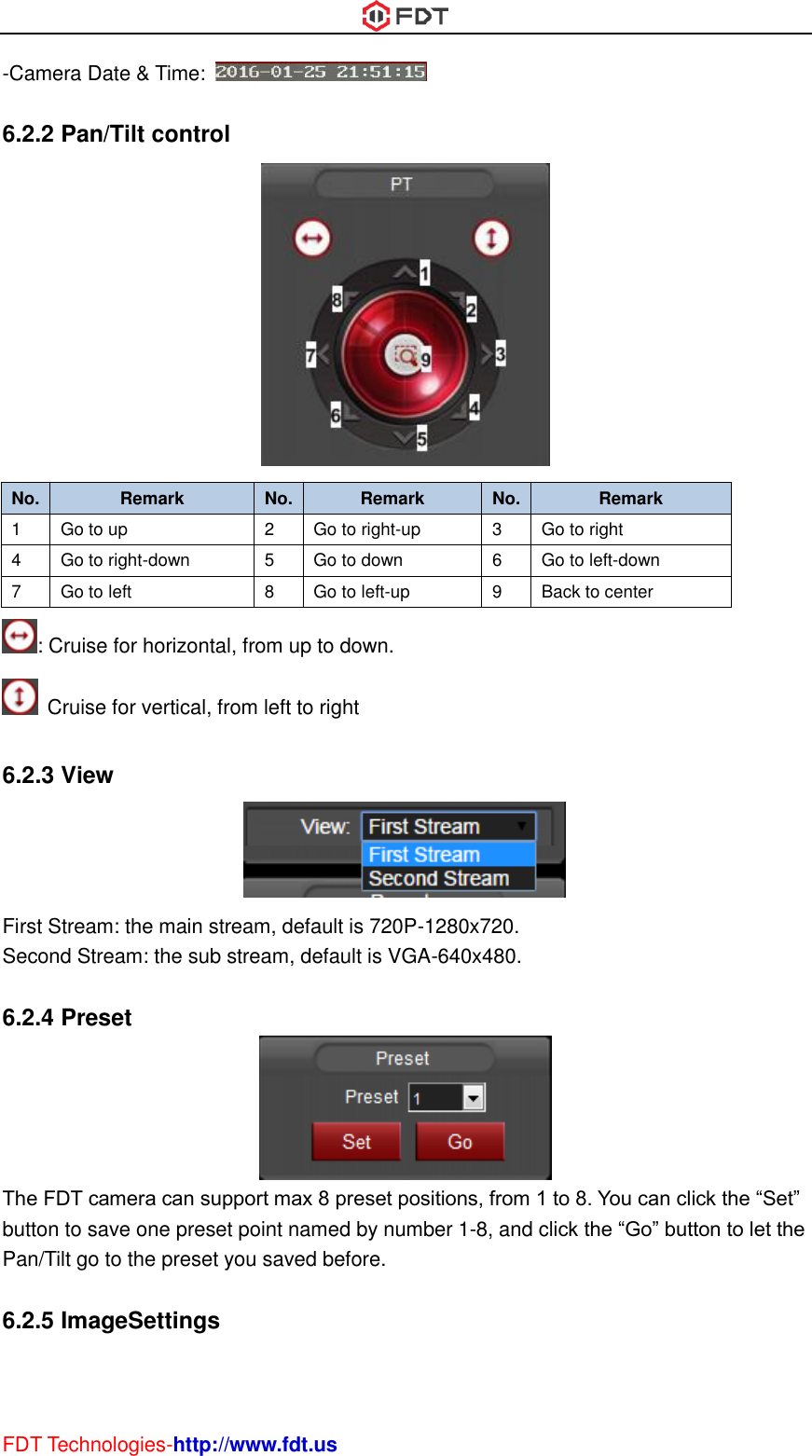  FDT Technologies-http://www.fdt.us -Camera Date &amp; Time:    6.2.2 Pan/Tilt control  No. Remark No.  Remark No. Remark 1 Go to up 2  Go to right-up 3 Go to right 4 Go to right-down 5  Go to down 6 Go to left-down 7 Go to left 8  Go to left-up 9 Back to center : Cruise for horizontal, from up to down.   Cruise for vertical, from left to right  6.2.3 View  First Stream: the main stream, default is 720P-1280x720. Second Stream: the sub stream, default is VGA-640x480.  6.2.4 Preset  The FDT camera can support max 8 preset positions, from 1 to 8. You can click the “Set” button to save one preset point named by number 1-8, and click the “Go” button to let the Pan/Tilt go to the preset you saved before.  6.2.5 ImageSettings 