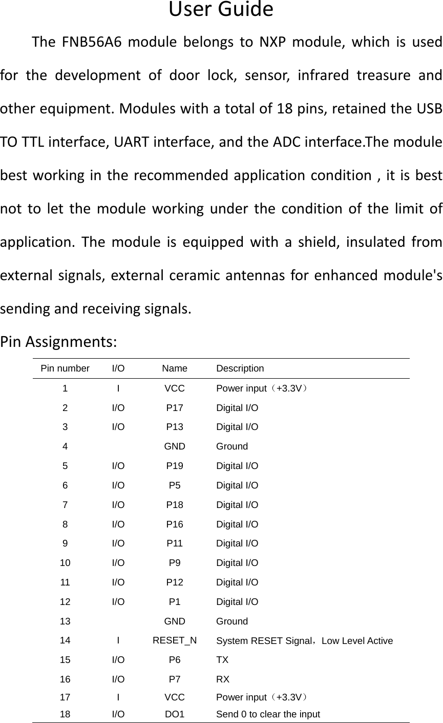 UserGuideTheFNB56A6modulebelongstoNXPmodule,whichisusedforthedevelopmentofdoorlock,sensor,infraredtreasureandotherequipment.Moduleswithatotalof18pins,retainedtheUSBTOTTLinterface,UARTinterface,andtheADCinterface.Themodulebestworkingintherecommendedapplicationcondition,itisbestnottoletthemoduleworkingundertheconditionofthelimitofapplication.Themoduleisequippedwithashield,insulatedfromexternalsignals,externalceramicantennasforenhancedmodule&apos;ssendingandreceivingsignals.PinAssignments:Pin number  I/O  Name  Description 1 I VCC Power input（+3.3V） 2 I/O P17 Digital I/O 3 I/O P13 Digital I/O 4   GND Ground 5 I/O P19 Digital I/O 6 I/O P5 Digital I/O 7 I/O P18 Digital I/O 8 I/O P16 Digital I/O 9 I/O P11 Digital I/O 10 I/O  P9 Digital I/O 11 I/O P12 Digital I/O 12 I/O  P1 Digital I/O 13  GND Ground 14 I RESET_N System RESET Signal，Low Level Active 15 I/O  P6 TX 16 I/O  P7 RX 17 18 I I/O VCC DO1 Power input（+3.3V） Send 0 to clear the input 