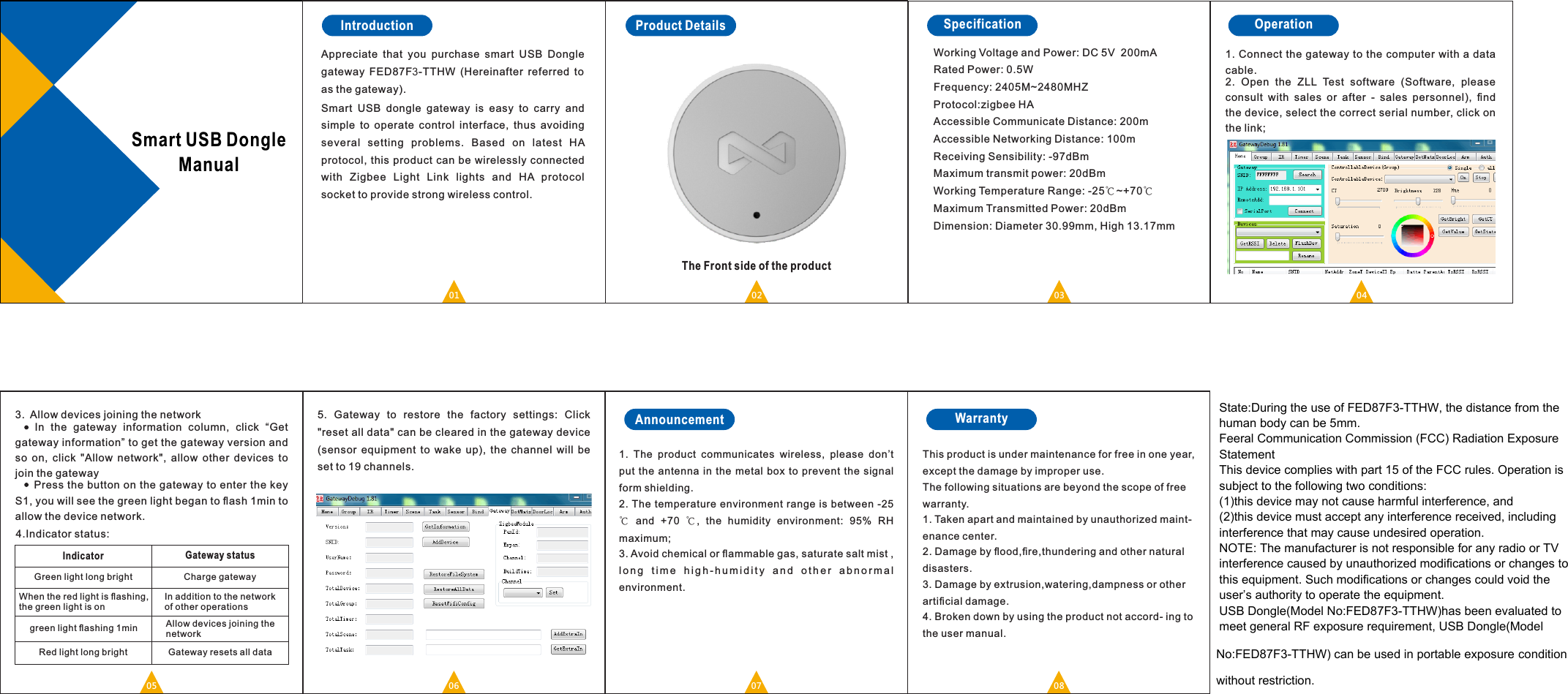 01Smart USB Dongle  Manual03Specification02Introduction SpecificationThe Front side of the productProduct DetailsWorking Voltage and Power: DC 5V  200mARated Power: 0.5WFrequency: 2405M~2480MHZProtocol:zigbee HAAccessible Communicate Distance: 200mAccessible Networking Distance: 100mReceiving Sensibility: -97dBmMaximum transmit power: 20dBmWorking Temperature Range: -25℃~+70℃Maximum Transmitted Power: 20dBmDimension: Diameter 30.99mm, High 13.17mm07061.  The  product  communicates  wireless,  please  don’t put  the  antenna in the  metal  box  to prevent  the  signal form shielding.2. The temperature environment range is between -25 ℃  and  +70  ℃,  the  humidity  environment:  95%  RH maximum;3. Avoid chemical or ﬂammable gas, saturate salt mist , long  time  high-humidity  and  other  abnormal environment.This product is under maintenance for free in one year, except the damage by improper use.The following situations are beyond the scope of free warranty.1. Taken apart and maintained by unauthorized maint- enance center.2. Damage by ﬂood,ﬁre,thundering and other natural disasters.3. Damage by extrusion,watering,dampness or other artiﬁcial damage.4. Broken down by using the product not accord- ing to the user manual.08Announcement WarrantyAppreciate  that  you  purchase  smart  USB  Dongle gateway  FED87F3-TTHW (Hereinafter referred to as the gateway).Smart  USB  dongle  gateway  is  easy  to  carry  and simple  to operate  control  interface,  thus  avoiding several  setting  problems.  Based  on  latest  HA protocol, this product can be wirelessly connected with  Zigbee  Light  Link  lights  and  HA  protocol socket to provide strong wireless control.5.  Gateway  to  restore  the  factory  settings:  Click &quot;reset all data&quot; can be cleared in the gateway device (sensor  equipment  to wake  up), the  channel will  be set to 19 channels.04Operation1. Connect the gateway to the computer with a data cable.2.  Open  the  ZLL  Test  software  (Software,  please consult  with  sales  or  after  -  sales  personnel),  ﬁnd the device, select the correct serial number, click on the link;05In addition to the network of other operationsAllow devices joining the networkIndicator  Gateway statusGreen light long brightWhen the red light is ﬂashing, the green light is ongreen light ﬂashing 1minRed light long brightCharge gatewayGateway resets all data3. Allow devices joining the network      In  the  gateway  information  column,  click  “Get gateway information” to get the gateway version and so  on, click &quot;Allow  network&quot;, allow other  devices to join the gateway     Press the button on the gateway to enter the key S1, you will see the green light began to ﬂash 1min to allow the device network.4.Indicator status:State:During the use of FED87F3-TTHW, the distance from the human body can be 5mm.Feeral Communication Commission (FCC) Radiation Exposure StatementThis device complies with part 15 of the FCC rules. Operation is subject to the following two conditions: (1)this device may not cause harmful interference, and(2)this device must accept any interference received, including interference that may cause undesired operation. NOTE: The manufacturer is not responsible for any radio or TV interference caused by unauthorized modifications or changes to this equipment. Such modifications or changes could void the user’s authority to operate the equipment.USB Dongle(Model No:FED87F3-TTHW)has been evaluated to meet general RF exposure requirement, USB Dongle(Model No:FED87F3-TTHW) can be used in portable exposure condition without restriction.