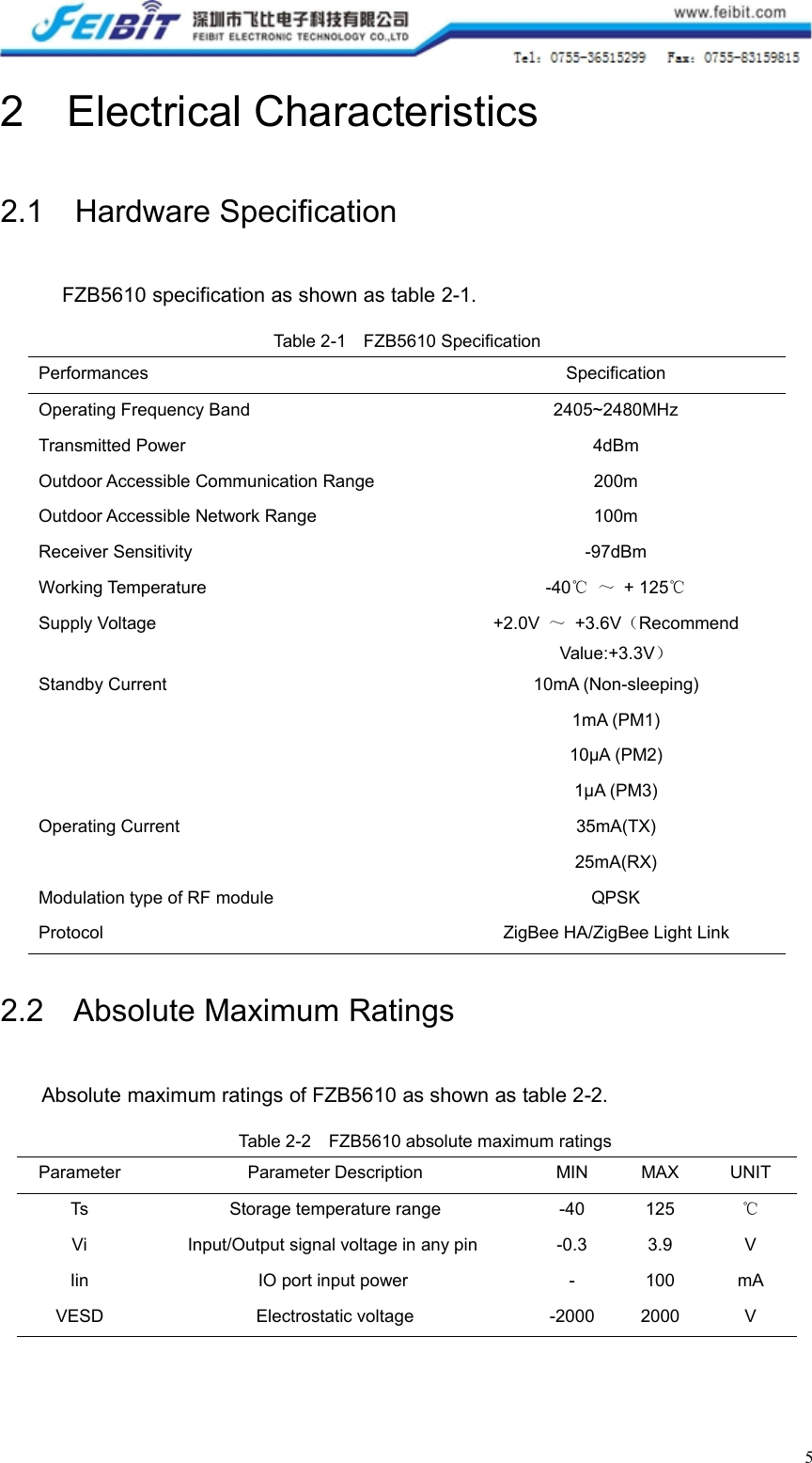 52 Electrical Characteristics2.1 Hardware SpecificationFZB5610 specification as shown as table 2-1.Table 2-1 FZB5610 SpecificationPerformancesSpecificationOperating Frequency Band2405~2480MHzTransmitted Power4dBmOutdoor Accessible Communication Range200mOutdoor Accessible Network Range100mReceiver Sensitivity-97dBmWorking Temperature-40℃ ～ + 125℃Supply Voltage+2.0V ～+3.6V（RecommendValue:+3.3V）Standby Current10mA (Non-sleeping)1mA (PM1)10µA (PM2)1µA (PM3)Operating Current35mA(TX)25mA(RX)Modulation type of RF moduleQPSKProtocolZigBee HA/ZigBee Light Link2.2 Absolute Maximum RatingsAbsolute maximum ratings of FZB5610 as shown as table 2-2.Table 2-2 FZB5610 absolute maximum ratingsParameterParameter DescriptionMINMAXUNITTsStorage temperature range-40125℃ViInput/Output signal voltage in any pin-0.33.9VIinIO port input power-100mAVESDElectrostatic voltage-20002000V