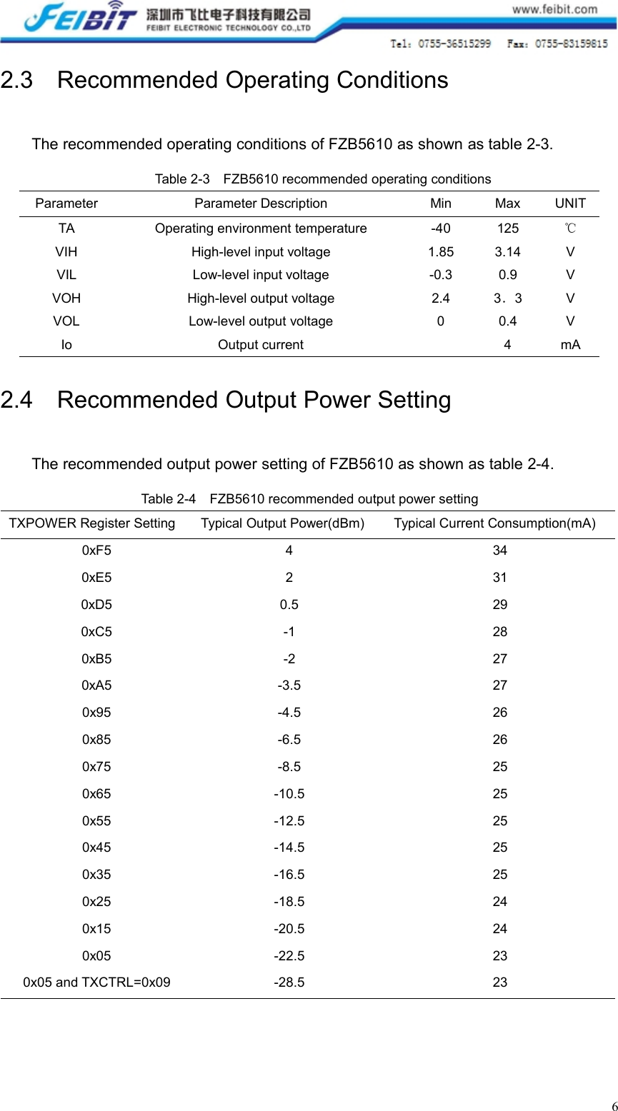 62.3 Recommended Operating ConditionsThe recommended operating conditions of FZB5610 as shown as table 2-3.Table 2-3 FZB5610 recommended operating conditionsParameterParameter DescriptionMinMaxUNITTAOperating environment temperature-40125℃VIHHigh-level input voltage1.853.14VVILLow-level input voltage-0.30.9VVOHHigh-level output voltage2.43．3VVOLLow-level output voltage00.4VIoOutput current4mA2.4 Recommended Output Power SettingThe recommended output power setting of FZB5610 as shown as table 2-4.Table 2-4 FZB5610 recommended output power settingTXPOWER Register SettingTypical Output Power(dBm)Typical Current Consumption(mA)0xF54340xE52310xD50.5290xC5-1280xB5-2270xA5-3.5270x95-4.5260x85-6.5260x75-8.5250x65-10.5250x55-12.5250x45-14.5250x35-16.5250x25-18.5240x15-20.5240x05-22.5230x05 and TXCTRL=0x09-28.523