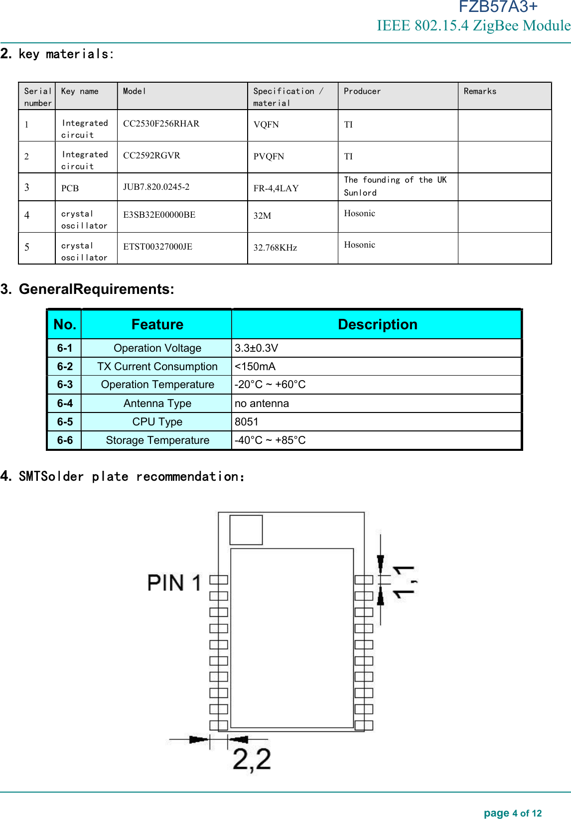FZB57A3+ IEEE 802.15.4 ZigBee Module  page 4 of 12     2. key materials:  Serial number Key name  Model  Specification / material Producer  Remarks  1  Integrated circuit CC2530F256RHAR  VQFN  TI    2  Integrated circuit CC2592RGVR  PVQFN  TI   3  PCB  JUB7.820.0245-2  FR-4,4LAY The founding of the UK Sunlord  4 crystal oscillator E3SB32E00000BE  32M  Hosonic  5 crystal oscillator ETST00327000JE  32.768KHz  Hosonic   3.  GeneralRequirements:  No. Feature  Description 6-1 Operation Voltage  3.3±0.3V 6-2 TX Current Consumption  &lt;150mA 6-3 Operation Temperature  -20°C ~ +60°C 6-4 Antenna Type  no antenna 6-5 CPU Type  8051 6-6 Storage Temperature  -40°C ~ +85°C  4.  SMTSolder plate recommendation：  