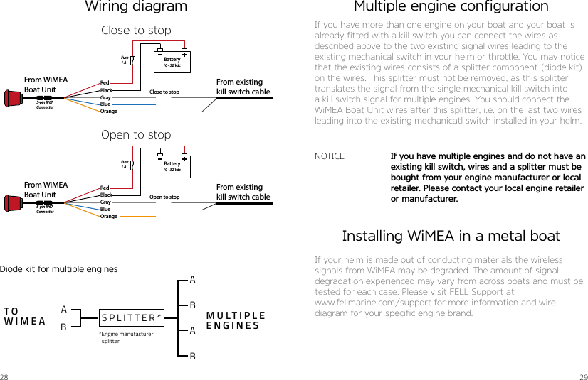 28 29TOWIMEA MULTIPLE ENGINES*Engine manufacturer splitterSPLITTER*ABABABWiring diagramBatteryFrom WiMEA Boat Unit From existingkill switch cableRedBlackGrayBlueOrangeOpen to stopFuse1 A 10 - 32 Vdc5-pin IP67ConnectorBatteryFrom WiMEA Boat Unit From existingkill switch cableRedBlackGrayBlue OrangeClose to stopFuse1 A 10 - 32 Vdc5-pin IP67ConnectorOpen to stopClose to stopMultiple engine configurationIf you have more than one engine on your boat and your boat is already fitted with a kill switch you can connect the wires as  described above to the two existing signal wires leading to the existing mechanical switch in your helm or throttle. You may notice that the existing wires consists of a splitter component (diode kit)on the wires. This splitter must not be removed, as this splitter translates the signal from the single mechanical kill switch into a kill switch signal for multiple engines. You should connect the WiMEA Boat Unit wires after this splitter, i.e. on the last two wires leading into the existing mechanicatl switch installed in your helm.NOTICE If you have multiple engines and do not have an existing kill switch, wires and a splitter must be bought from your engine manufacturer or local retailer. Please contact your local engine retailer or manufacturer.Diode kit for multiple enginesInstalling WiMEA in a metal boatIf your helm is made out of conducting materials the wireless signals from WiMEA may be degraded. The amount of signal degradation experienced may vary from across boats and must be tested for each case. Please visit FELL Support at   www.fellmarine.com/support for more information and wire diagram for your specific engine brand.