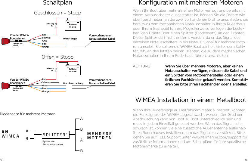 80 81ANWIMEA MEHRERE MOTEREN*Splitter des MotorenherstellersSPLITTER*ABABABSchaltplanBatterieVon der WiMEA Bootseinheit    Vom vorhandenen Notausschalter-KabelRotSchwarzGrauBlau OrangeGeschlossen = StoppSiche-rung1 A 10 - 32 Vdc5-poliger - IP67SteckerBatterieVon der WiMEA Bootseinheit    Vom vorhandenen Notausschalter-KabelRotSchwarzGrauBlau OrangeOen = StoppSiche-rung1 A 10 - 32 Vdc5-poliger - IP67SteckerOffen = StoppGeschlossen = StoppDiodensatz für mehrere MotorenKonfiguration mit mehreren MotorenWenn Ihr Boot über mehr als einen Motor verfügt und bereits mit einem Notausschalter ausgestattet ist, können Sie die Drähte wie oben beschrieben an die zwei vorhandenen Drähte anschließen, die bereits zu dem mechanischen Notausschalter in Ihrem Ruderhaus oder Ihrem Gashebel führen. Möglicherweise verfügen die beste-hen-den Drähte über einen Splitter (Diodensatz) an den Drähten. Dieser Splitter darf nicht entfernt werden, da er das Signal des einzelnen Notausschalters in ein Notaus-Signal für mehrere Moto-ren umsetzt. Sie sollten die WiMEA Bootseinheit hinter dem Split-ter, d.h. an den letzten beiden Drähten, die zu dem mechanischen Notausschalter in Ihrem Ruderhaus führen, anschließen.ACHTUNG Wenn Sie über mehrere Motoren, aber keinen Notausschalter verfügen, müssen die Kabel und ein Splitter vom Motorenhersteller oder einem örtlichen Fachhändler gekauft werden. Kontakti-eren Sie bitte Ihren Fachhändler oder Hersteller.WiMEA Installation in einem MetallbootWenn Ihre Ruderanlage aus leitfähigem Material besteht, könnten die Funksignale der WiMEA abgeschwächt werden. Der Grad der Abschwächung kann von Boot zu Boot unterschiedlich sein und muss in jedem Einzelfall getestet werden. Wenn das Signal sehr schwach ist, können Sie eine zusätzliche Außenantenne außerhalb Ihres Ruderhauses installieren, um das Signal zu verstärken. Bitte gehen Sie auf FELL Support unter www.fellmarine.com/support für zusätzliche Informationen und um Schaltpläne für Ihre spezifische Motorenmarke zu erhalten.