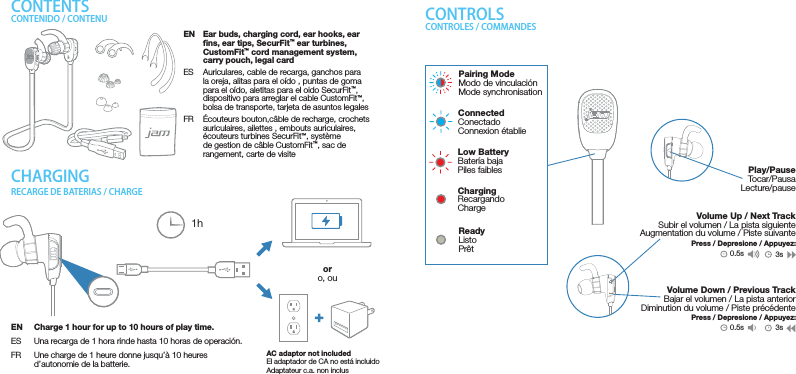 CONTENTSCONTENIDO / CONTENU CONTROLSCONTROLES / COMMANDESPairing ModeModo de vinculaciónMode synchronisationConnectedConectadoConnexion établieLow BatteryBatería bajaPiles faiblesChargingRecargandoChargeReadyListoPrêtCHARGINGRECARGE DE BATERIAS / CHARGEAC adaptor not includedEl adaptador de CA no está incluidoAdaptateur c.a. non inclusEN  Charge 1 hour for up to 10 hours of play time.ES  Una recarga de 1 hora rinde hasta 10 horas de operación.FR  Une charge de 1 heure donne jusqu’à 10 heures d’autonomie de la batterie.1horo, ouEN  Ear buds, charging cord, ear hooks, ear ﬁns, ear tips, SecurFit™ ear turbines, CustomFit™ cord management system, carry pouch, legal cardES  Auriculares, cable de recarga, ganchos para la oreja, alitas para el oído , puntas de goma para el oído, aletitas para el oido SecurFit™, dispositivo para arreglar el cable CustomFit™, bolsa de transporte, tarjeta de asuntos legalesFR  Écouteurs bouton,câble de recharge, crochets auriculaires, ailettes , embouts auriculaires, écouteurs turbines SecurFit™, système de gestion de câble CustomFit™, sac de rangement, carte de visitePlay/PauseTocar/PausaLecture/pauseVolume Up / Next TrackSubir el volumen / La pista siguienteAugmentation du volume / Piste suivante3s0.5sPress / Depresione / Appuyez:Volume Down / Previous TrackBajar el volumen / La pista anteriorDiminution du volume / Piste précédente3s0.5sPress / Depresione / Appuyez:
