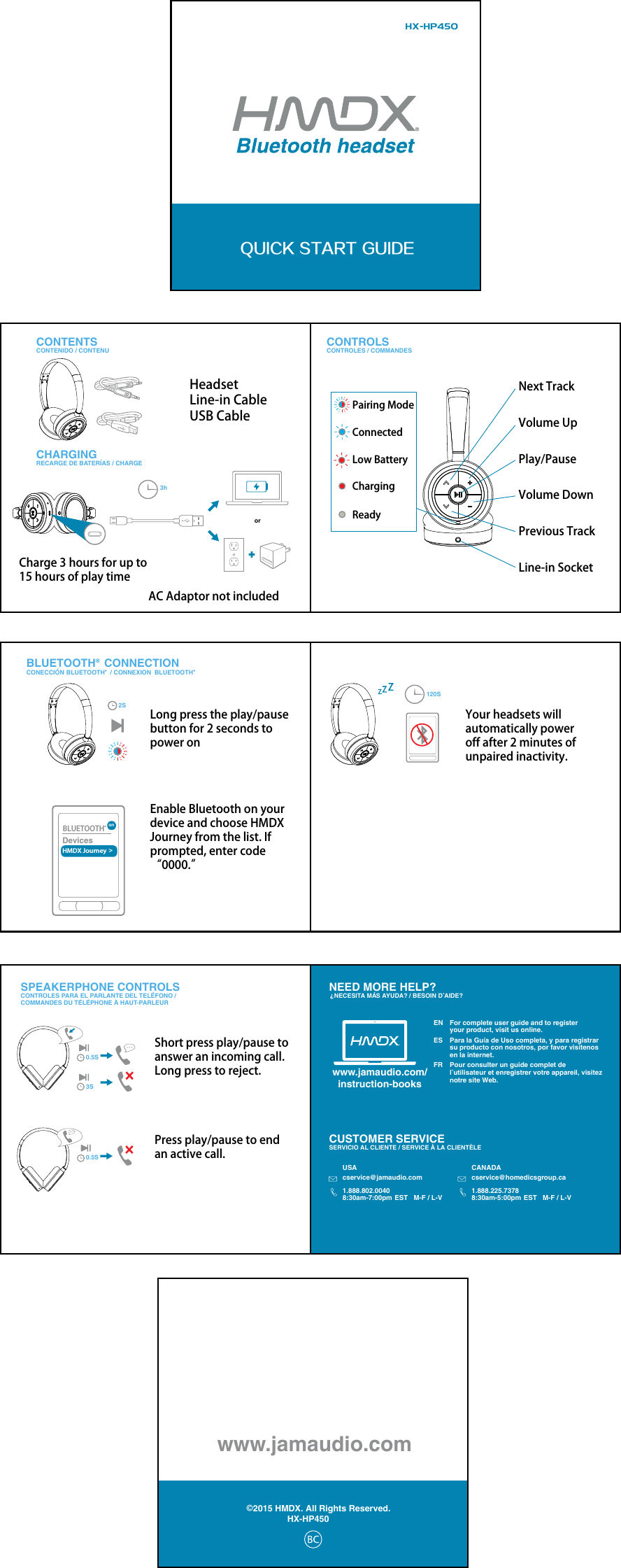 QUICK START GUIDEHX-HP450CONTENTSCONTENIDO / CONTENUHeadsetLine-in CableUSB CableCharge 3 hours for up to 15 hours of play timeLong press the play/pausebutton for 2 seconds topower onYour headsets will automatically power off after 2 minutes of unpaired inactivity.Enable Bluetooth on your device and choose HMDX Journey from the list. If prompted, enter code “0000.”Short press play/pause to answer an incoming call. Long press to reject.Press play/pause to end an active call.AC Adaptor not includedPairing ModeNext TrackVolume UpPlay/PauseVolume DownPrevious TrackLine-in SocketConnectedLow BatteryChargingReadyCONTROLSCONTROLES / COMMANDESCHARGINGRECARGE DE BATERIAS / CHARGE3h2S0.5S3S0.5S120SorBLUETOOTH  CONNECTIONCONECCION BLUETOOTHBLUETOOTH / CONNEXION  BLUETOOTHDevicesHMDX Journeyon&gt;SPEAKERPHONE CONTROLS NEED MORE HELP?CUSTOMER SERVICECONTROLES PARA EL PARLANTE DEL TELEFONO / COMMANDES DU TELEPHONE A HAUT-PARLEUR    NECESITA MAS AYUDA? / BESOIN D AIDE?SERVICIO AL CLIENTE / SERVICE A LA CLIENTELEwww.jamaudio.com/www.jamaudio.cominstruction-booksEN  For complete user guide and to register your product, visit us online.ES  Para la Gu a de Uso completa, y para registrar su producto con nosotros, por favor visitenos en la internet.FR  Pour consulter un guide complet de l utilisateur et enregistrer votre appareil, visitez notre site Web.USAcservice@jamaudio.com1.888.802.00408:30am-7:00pm EST M-F / L-VCANADAcservice@homedicsgroup.ca1.888.225.73788:30am-5:00pm  EST  M-F / L-V󰔢2015 HMDX. All Rights Reserved.HX-HP450