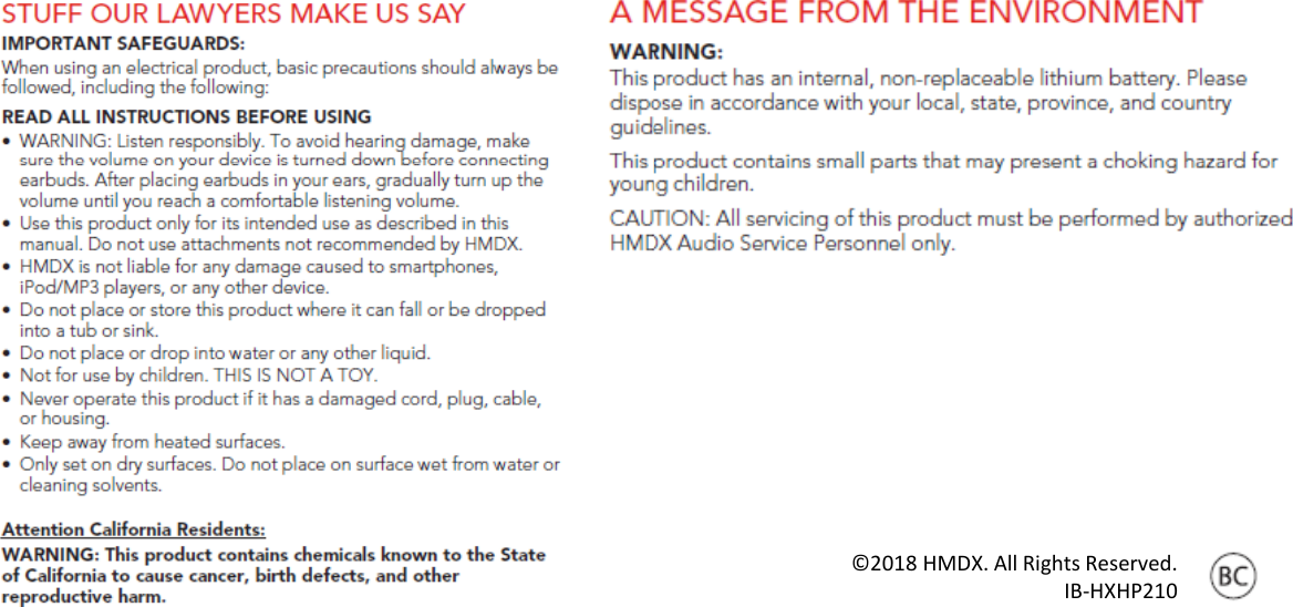 ©2018HMDX.AllRightsReserved.IB‐HXHP210
