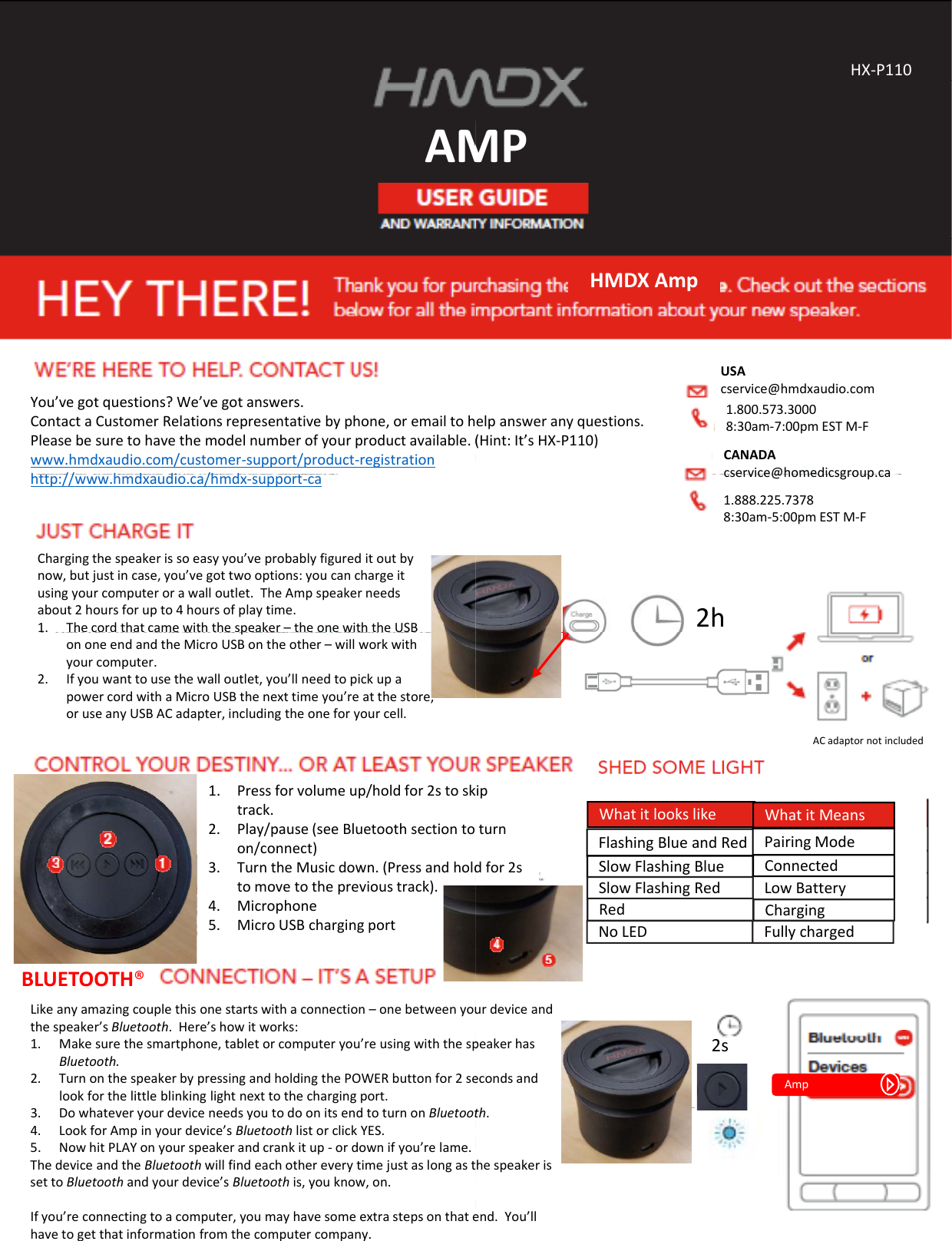 AMAMYou’vegotquestions?We’vegotanswers.ContactaCustomerRelationsrepresentativebyphone,oremailtohPleasebesuretohavethemodelnumberofyourproductavailable.(www.hmdxaudio.com/customer‐support/product‐registrationh// hddi /hdhttp://www.hmdxaudio.ca/hmdx‐support‐caChargingthespeakerissoeasyyou’veprobablyfigureditoutbynow,butjustincase,you’vegottwooptions:youcanchargeitusingyourcomputerorawalloutlet.TheAmpspeakerneedsabout2hoursforupto4hoursofplaytime.1. Thecordthatcamewiththespeaker–theonewiththeUSBpononeendandtheMicroUSBontheother– willworkwithyourcomputer.2. Ifyouwanttousethewalloutlet,you’llneedtopickupapowercordwithaMicroUSBthenexttimeyou’reatthestore,oruseanyUSBACadapter,includingtheoneforyourcell.1Press for volume up/hold for 2s to sk1.Pressforvolumeup/holdfor2stosktrack.2. Play/pause(seeBluetoothsectiontoon/connect)3. TurntheMusicdown.(Pressandholdtomovetotheprevioustrack).4. Microphone5. MicroUSBchargingportLikeanyamazingcouplethisonestartswithaconnection–onebetweenyouthespeaker’sBluetooth.Here’showitworks:1. Makesurethesmartphone,tabletorcomputeryou’reusingwiththespBluetooth.2. TurnonthespeakerbypressingandholdingthePOWERbuttonfor2selookforthelittleblinkinglightnexttothechargingport.BLUETOOTH®3. DowhateveryourdeviceneedsyoutodoonitsendtoturnonBluetoot4. LookforAmpinyourdevice’sBluetoothlistorclickYES.5. NowhitPLAYonyourspeakerandcrankitup‐ ordownifyou’relame.ThedeviceandtheBluetoothwillfindeachothereverytimejustaslongastsettoBluetoothandyourdevice’sBluetooth is,youknow,on.Ifyou’reconnectingtoacomputer,youmayhavesomeextrastepsonthatehavetogetthatinformationfromthecomputercompany.MPHX‐P110MPHMDXAmpelpansweranyquestions.(Hint:It’sHX‐P110)USAcservice@hmdxaudio.com1.800.573.30008:30am‐7:00pmESTM‐FCANADAcservice@homedicsgroup ca2hcservice@homedicsgroup.ca1.888.225.73788:30am‐5:00pmESTM‐FACadaptornotincludedipFlashingBlueandRedSlowFlashingBlue ConnectedPairingModeLowBatterySlowFlashingRedWhatitlookslike WhatitMeansipturndfor2sRed ChargingNoLED Fullychargedurdeviceandpeakerhasecondsand2sAmpth.hespeakerisend.You’ll