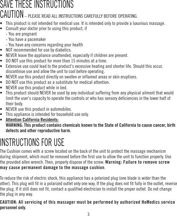 Page 3 of FKA Distributing MCS1000H Shiatsu Cushion User Manual 
