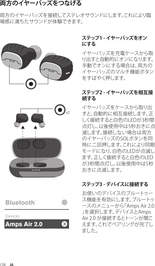 Amps Air 2.0Bluetooth®DevicesAmps Air MonoBluetooth®DevicesAmps Air 2.0Bluetooth®DevicesAmps Air MonoBluetooth®Devicesx2Amps Air 2.0Bluetooth®DevicesAmps Air MonoBluetooth®Devicesステップ1 - イヤーバッズをオンにするイヤーバッズを充電ケースから取り出すと自動的にオンになります。手動でオンにする場合は、両方のイヤーバッズのマルチ機能ボタンを す ば やく押し ま す。ステップ2 - イヤーバッズを相互接続するイヤーバッズをケースから取り出すと、自動的に相互接続します。正しく接続すると白色のLEDが3秒間点灯し、以後使用中は5秒おきに点滅します。接続しない場合は両方のイヤーバッズのSOLボタンを同時に二回押します。これにより同期モードになり、白色のLEDが点滅します。正しく接続すると白色のLEDが3秒間点灯し、以後使用中は5秒おきに点滅します。ステップ3 - デバイスに接続するお使いのデバイスのブルートゥース機能を有効にします。ブルートゥースのメニューから「Amps Air 2.0」を選択します。デバイスとAmps Air 2.0 が接続するとトーンが聞こえます。これで ペアリングが完了しました 。両方のイヤーバッズをつなげる両方のイヤーバッズを接続してステレオサウンドにします。これにより臨場感に満ちたサウンドが体験できます。126  JA