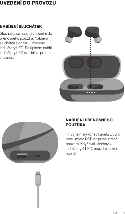 CZ  133UVEDENÍ DO PROVOZUNABÍJENÍ SLUCHÁTEK Sluchátka se nabíjejí vložením do přenosného pouzdra. Nabíjení sluchátek signalizují červené indikátory LED. Po úplném nabití indikátory LED svítí bíle a potom zhasnou. NABÍJENÍ PŘENOSNÉHO POUZDRA Připojte malý konec kabelu USB k portu micro USB na pravé straně pouzdra. Když svítí všechny 4 indikátory 4 LED, pouzdro je zcela nabité.Amps Air 2.0Bluetooth®DevicesAmps Air MonoBluetooth®DevicesAmps Air 2.0Bluetooth®DevicesAmps Air MonoBluetooth®DevicesAmps Air 2.0Bluetooth®DevicesAmps Air MonoBluetooth®Devices