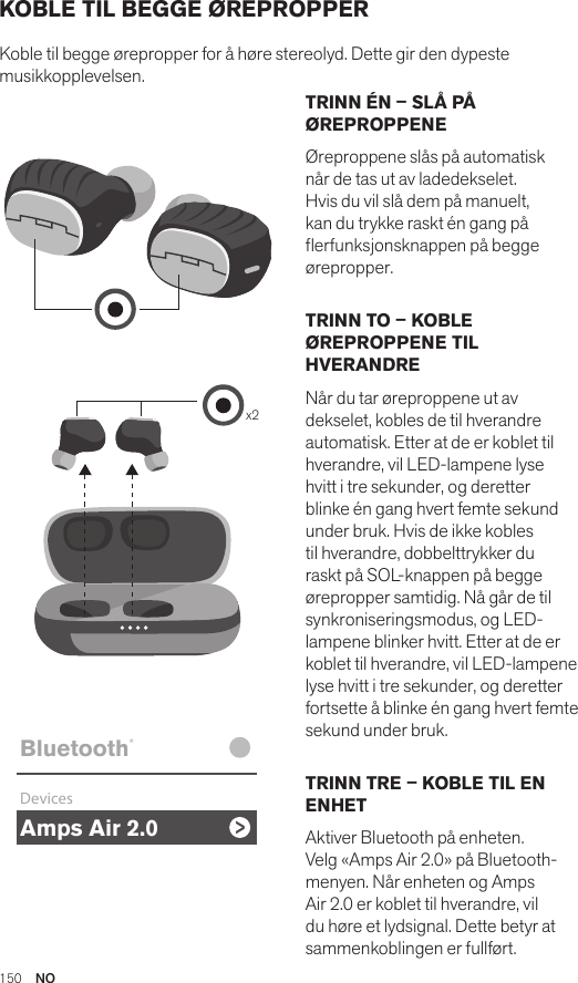 Amps Air 2.0Bluetooth®DevicesAmps Air MonoBluetooth®DevicesAmps Air 2.0Bluetooth®DevicesAmps Air MonoBluetooth®Devicesx2Amps Air 2.0Bluetooth®DevicesAmps Air MonoBluetooth®DevicesTRINN ÉN – SLÅ PÅ ØREPROPPENEØreproppene slås på automatisk når de tas ut av ladedekselet.  Hvis du vil slå dem på manuelt, kan du trykke raskt én gang på erfunksjonsknappen på begge ørepropper.TRINN TO – KOBLE ØREPROPPENE TIL HVERANDRENår du tar øreproppene ut av dekselet, kobles de til hverandre automatisk. Etter at de er koblet til hverandre, vil LED-lampene lyse hvitt i tre sekunder, og deretter blinke én gang hvert femte sekund under bruk. Hvis de ikke kobles til hverandre, dobbelttrykker du raskt på SOL-knappen på begge ørepropper samtidig. Nå går de til synkroniseringsmodus, og LED-lampene blinker hvitt. Etter at de er koblet til hverandre, vil LED-lampene lyse hvitt i tre sekunder, og deretter fortsette å blinke én gang hvert femte sekund under bruk.TRINN TRE – KOBLE TIL EN ENHETAktiver Bluetooth på enheten. Velg «Amps Air 2.0» på Bluetooth-menyen. Når enheten og Amps Air 2.0 er koblet til hverandre, vil du høre et lydsignal. Dette betyr at sammenkoblingen er fullført.KOBLE TIL BEGGE ØREPROPPERKoble til begge ørepropper for å høre stereolyd. Dette gir den dypeste musikkopplevelsen. 150  NO