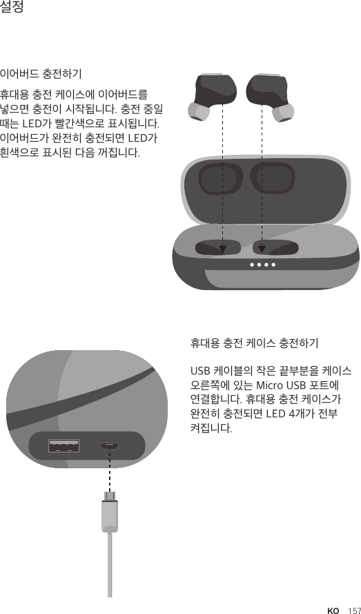 KO  157설정이어버드 충전하기휴대용 충전 케이스에 이어버드를 넣으면 충전이 시작됩니다. 충전 중일 때는 LED가 빨간색으로 표시됩니다.이어버드가 완전히 충전되면 LED가 흰색으로 표시된 다음 꺼집니다. 휴대용 충전 케이스 충전하기USB 케이블의 작은 끝부분을 케이스 오른쪽에 있는 Micro USB 포트에 연결합니다. 휴대용 충전 케이스가 완전히 충전되면 LED 4개가 전부 켜집니다.Amps Air 2.0Bluetooth®DevicesAmps Air MonoBluetooth®DevicesAmps Air 2.0Bluetooth®DevicesAmps Air MonoBluetooth®DevicesAmps Air 2.0Bluetooth®DevicesAmps Air MonoBluetooth®Devices