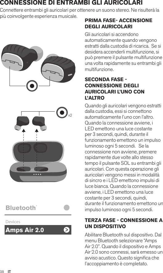 Amps Air 2.0Bluetooth®DevicesAmps Air MonoBluetooth®DevicesAmps Air 2.0Bluetooth®DevicesAmps Air MonoBluetooth®Devicesx2Amps Air 2.0Bluetooth®DevicesAmps Air MonoBluetooth®DevicesPRIMA FASE- ACCENSIONE DEGLI AURICOLARI Gli auricolari si accendono automaticamente quando vengono estratti dalla custodia di ricarica.  Se si desidera accenderli multifunzione, si può premere il pulsante multifunzione una volta rapidamente su entrambi gli multifunzione.  SECONDA FASE - CONNESSIONE DEGLI AURICOLARI L’UNO CON L’ALTRO Quando gli auricolari vengono estratti dalla custodia, essi si connettono automaticamente l’uno con l’altro. Quando la connessione avviene, i LED emettono una luce costante per 3 secondi, quindi, durante il funzionamento emettono un impulso luminoso ogni 5 secondi.   Se la connessione non avviene, premere rapidamente due volte allo stesso tempo il pulsante SOL su entrambi gli auricolari. Con questa operazione gli auricolari vengono messi in modalità di sincro e i LED emettono impulsi di luce bianca. Quando la connessione avviene, i LED emettono una luce costante per 3 secondi, quindi, durante il funzionamento emettono un impulso luminoso ogni 5 secondi. TERZA FASE - CONNESSIONE A UN DISPOSITIVO Abilitare Bluetooth sul dispositivo. Dal menu Bluetooth selezionare “Amps Air 2.0”. Quando il dispositivo e Amps Air 2.0 sono connessi, sarà emesso un avviso acustico. Questo signica che l’accoppiamento è completato.CONNESSIONE DI ENTRAMBI GLI AURICOLARI Connettere entrambi gli auricolari per ottenere un suono stereo. Ne risulterà la più coinvolgente esperienza musicale. 38  IT