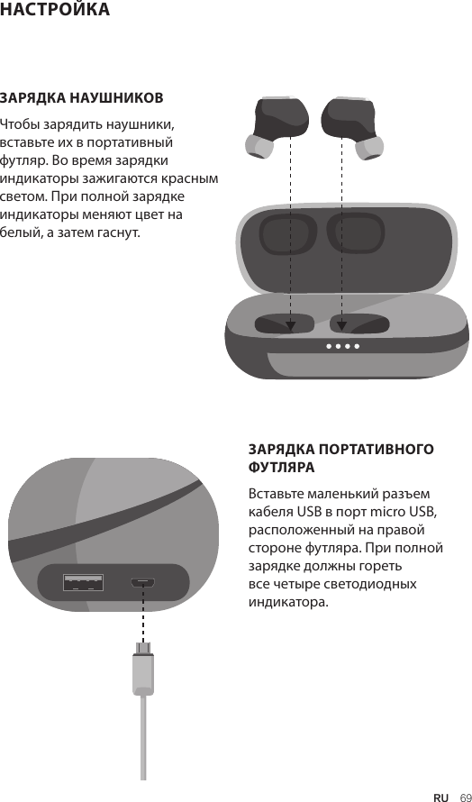 RU  69НАСТРОЙКАЗАРЯДКА НАУШНИКОВ Чтобы зарядить наушники, вставьте их в портативный футляр. Во время зарядки индикаторы зажигаются красным светом. При полной зарядке индикаторы меняют цвет на белый, а затем гаснут. ЗАРЯДКА ПОРТАТИВНОГО ФУТЛЯРА Вставьте маленький разъем кабеля USB в порт micro USB, расположенный на правой стороне футляра. При полной зарядке должны гореть все четыре светодиодных индикатора.Amps Air 2.0Bluetooth®DevicesAmps Air MonoBluetooth®DevicesAmps Air 2.0Bluetooth®DevicesAmps Air MonoBluetooth®DevicesAmps Air 2.0Bluetooth®DevicesAmps Air MonoBluetooth®Devices