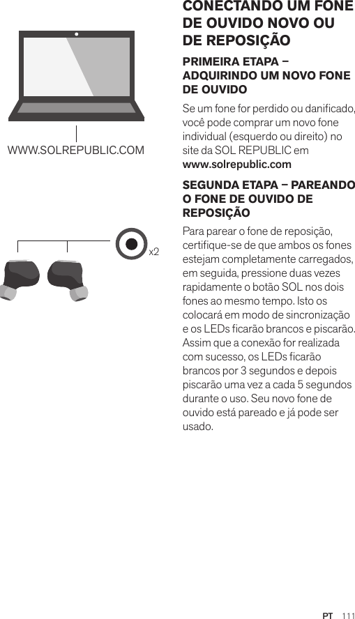 Amps Air 2.0Bluetooth®DevicesAmps Air MonoBluetooth®Devicesx2WWW.SOLREPUBLIC.COMAmps AirBluetooth®DevicesAmps Air MonoBluetooth®DevicesPRIMEIRA ETAPA – ADQUIRINDO UM NOVO FONE DE OUVIDO Se um fone for perdido ou danicado, você pode comprar um novo fone individual (esquerdo ou direito) no site da SOL REPUBLIC em  www.solrepublic.com SEGUNDA ETAPA – PAREANDO O FONE DE OUVIDO DE REPOSIÇÃO Para parear o fone de reposição, certique-se de que ambos os fones estejam completamente carregados, em seguida, pressione duas vezes rapidamente o botão SOL nos dois fones ao mesmo tempo. Isto os colocará em modo de sincronização e os LEDs carão brancos e piscarão. Assim que a conexão for realizada com sucesso, os LEDs carão brancos por 3 segundos e depois piscarão uma vez a cada 5 segundos durante o uso. Seu novo fone de ouvido está pareado e já pode ser usado.CONECTANDO UM FONE DE OUVIDO NOVO OU DE REPOSIÇÃOPT  111