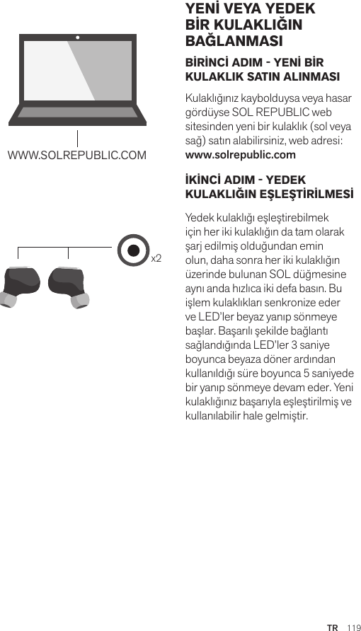 Amps Air 2.0Bluetooth®DevicesAmps Air MonoBluetooth®Devicesx2WWW.SOLREPUBLIC.COMAmps AirBluetooth®DevicesAmps Air MonoBluetooth®DevicesBİRİNCİ ADIM - YENİ BİR KULAKLIK SATIN ALINMASIKulaklığınız kaybolduysa veya hasar gördüyse SOL REPUBLIC web sitesinden yeni bir kulaklık (sol veya sağ) satın alabilirsiniz, web adresi: www.solrepublic.com İKİNCİ ADIM - YEDEK KULAKLIĞIN EŞLEŞTİRİLMESİ Yedek kulaklığı eşleştirebilmek için her iki kulaklığın da tam olarak şarj edilmiş olduğundan emin olun, daha sonra her iki kulaklığın üzerinde bulunan SOL düğmesine aynı anda hızlıca iki defa basın. Bu işlem kulaklıkları senkronize eder ve LED’ler beyaz yanıp sönmeye başlar. Başarılı şekilde bağlantı sağlandığında LED’ler 3 saniye boyunca beyaza döner ardından kullanıldığı süre boyunca 5 saniyede bir yanıp sönmeye devam eder. Yeni kulaklığınız başarıyla eşleştirilmiş ve kullanılabilir hale gelmiştir.YENİ VEYA YEDEK BİR KULAKLIĞIN BAĞLANMASITR  119