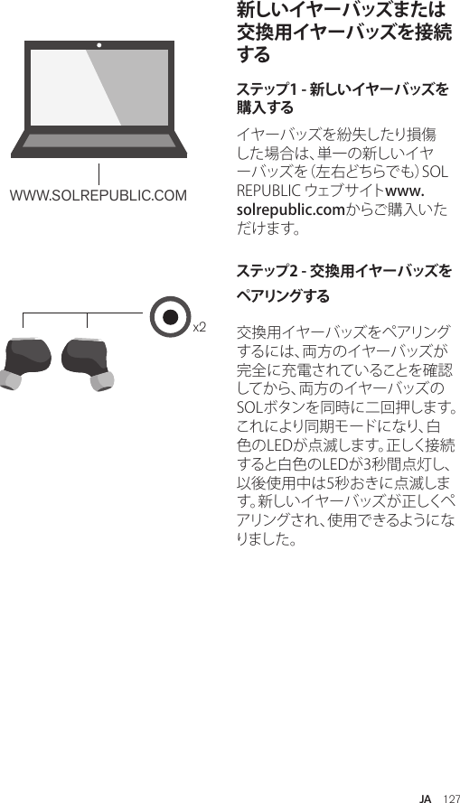 Amps Air 2.0Bluetooth®DevicesAmps Air MonoBluetooth®Devicesx2WWW.SOLREPUBLIC.COMAmps AirBluetooth®DevicesAmps Air MonoBluetooth®Devicesステップ1 - 新しいイヤーバッズを購 入 するイヤーバッズを紛失したり損傷した場合は、単一の新しいイヤーバッズを（左右どちらでも）SOL REPUBLIC ウェブサイトwww.solrepublic.comからご購入いただけます。ステップ2 - 交換用イヤーバッズをペアリング する交換用イヤーバッズをペアリングするには、両方のイヤーバッズが完全に充電されていることを確認してから、両方のイヤーバッズのSOLボタンを同時に二回押します。これにより同 期 モードになり、白色のLEDが点滅します。正しく接続すると白色のLEDが3秒間点灯し、以後使用中は5秒おきに点滅します。新しいイヤーバッズ が正しくペアリング され 、使 用 できるように なりまし た 。新しいイヤーバッズまたは交換用イヤーバッズを接続する JA  127
