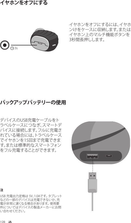 128  JAイヤホンをオフにするバックアップ バッテリー の 使 用デバイスのUSB充電ケーブルをトラベルケースにつなぎ、スマートデバイスに接続します。フルに充電されている場合には、トラベルケースでイヤホンを15回まで充電できます。または標準的なスマートフォンをフル充電することができます。イヤホンをオフにするには、イヤホンけをケースに収納します。またはイヤホン上のマルチ機能ボタンを3秒間長押しします。 注USB 充電出力定格は 5V、1.0Aです。 タブレットなどの一部のデバイスは充電できないか、充電が非常に遅くなる場合があります。 使用要件についてはデバイスの製造メーカーにお問い合わせください。Amps Air 2.0Bluetooth®DevicesAmps Air MonoBluetooth®Devices3sAmps Air 2.0Bluetooth®DevicesAmps Air MonoBluetooth®DevicesAmps Air 2.0Bluetooth®DevicesAmps Air MonoBluetooth®Devices