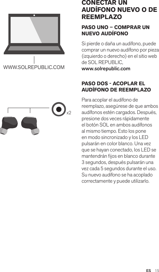 Amps Air 2.0Bluetooth®DevicesAmps Air MonoBluetooth®Devicesx2WWW.SOLREPUBLIC.COMAmps AirBluetooth®DevicesAmps Air MonoBluetooth®DevicesPASO UNO – COMPRAR UN NUEVO AUDÍFONOSi pierde o daña un audífono, puede comprar un nuevo audífono por pieza (izquierdo o derecho) en el sitio web de SOL REPUBLIC,  www.solrepublic.comPASO DOS - ACOPLAR EL AUDÍFONO DE REEMPLAZOPara acoplar el audífono de reemplazo, asegúrese de que ambos audífonos estén cargados. Después, presione dos veces rápidamente el botón SOL en ambos audífonos al mismo tiempo. Esto los pone en modo sincronizado y los LED pulsarán en color blanco. Una vez que se hayan conectado, los LED se mantendrán jos en blanco durante 3 segundos, después pulsarán una vez cada 5 segundos durante el uso. Su nuevo audífono se ha acoplado correctamente y puede utilizarlo.CONECTAR UN AUDÍFONO NUEVO O DE REEMPLAZOES  15