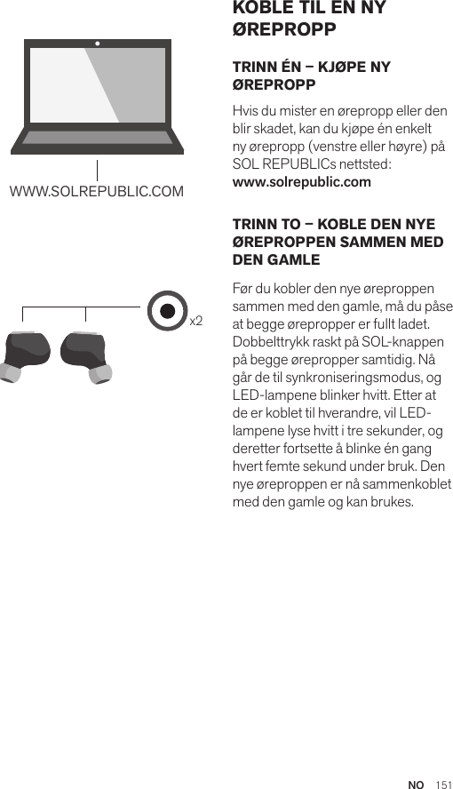 Amps Air 2.0Bluetooth®DevicesAmps Air MonoBluetooth®Devicesx2WWW.SOLREPUBLIC.COMAmps AirBluetooth®DevicesAmps Air MonoBluetooth®DevicesTRINN ÉN – KJØPE NY ØREPROPPHvis du mister en ørepropp eller den blir skadet, kan du kjøpe én enkelt ny ørepropp (venstre eller høyre) på SOL REPUBLICs nettsted:  www.solrepublic.comTRINN TO – KOBLE DEN NYE ØREPROPPEN SAMMEN MED DEN GAMLEFør du kobler den nye øreproppen sammen med den gamle, må du påse at begge ørepropper er fullt ladet. Dobbelttrykk raskt på SOL-knappen på begge ørepropper samtidig. Nå går de til synkroniseringsmodus, og LED-lampene blinker hvitt. Etter at de er koblet til hverandre, vil LED-lampene lyse hvitt i tre sekunder, og deretter fortsette å blinke én gang hvert femte sekund under bruk. Den nye øreproppen er nå sammenkoblet med den gamle og kan brukes.KOBLE TIL EN NY ØREPROPP NO  151