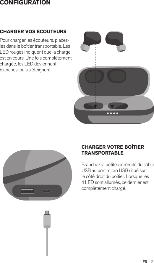 FR  21CONFIGURATIONCHARGER VOS ÉCOUTEURSPour charger les écouteurs, placez-les dans le boîtier transportable. Les LED rouges indiquent que la charge est en cours. Une fois complètement chargée, les LED deviennent blanches, puis s’éteignent. CHARGER VOTRE BOÎTIER TRANSPORTABLE Branchez la petite extrémité du câble USB au port micro USB situé sur le côté droit du boîtier. Lorsque les 4 LED sont allumés, ce dernier est complètement chargé.Amps Air 2.0Bluetooth®DevicesAmps Air MonoBluetooth®DevicesAmps Air 2.0Bluetooth®DevicesAmps Air MonoBluetooth®DevicesAmps Air 2.0Bluetooth®DevicesAmps Air MonoBluetooth®Devices