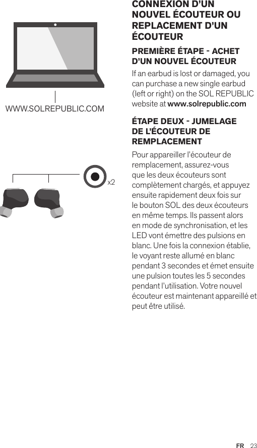 Amps Air 2.0Bluetooth®DevicesAmps Air MonoBluetooth®Devicesx2WWW.SOLREPUBLIC.COMAmps AirBluetooth®DevicesAmps Air MonoBluetooth®DevicesPREMIÈRE ÉTAPE - ACHET D’UN NOUVEL ÉCOUTEUR If an earbud is lost or damaged, you can purchase a new single earbud (left or right) on the SOL REPUBLIC website at www.solrepublic.com ÉTAPE DEUX - JUMELAGE DE L’ÉCOUTEUR DE REMPLACEMENT Pour appareiller l’écouteur de remplacement, assurez-vous que les deux écouteurs sont complètement chargés, et appuyez ensuite rapidement deux fois sur le bouton SOL des deux écouteurs en même temps. Ils passent alors en mode de synchronisation, et les LED vont émettre des pulsions en blanc. Une fois la connexion établie, le voyant reste allumé en blanc pendant 3 secondes et émet ensuite une pulsion toutes les 5 secondes pendant l’utilisation. Votre nouvel écouteur est maintenant appareillé et peut être utilisé.CONNEXION D’UN NOUVEL ÉCOUTEUR OU REPLACEMENT D’UN ÉCOUTEURFR  23