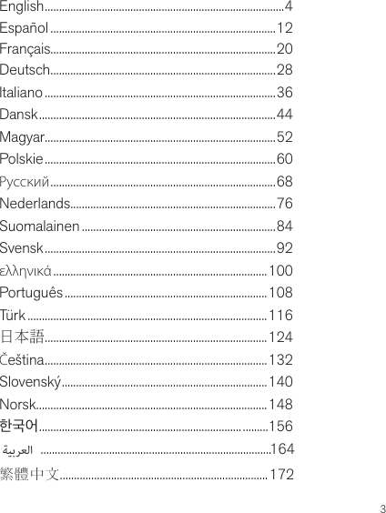 English .................................................................................... 4Español ...............................................................................12Français...............................................................................20Deutsch ...............................................................................28Italiano .................................................................................36Dansk ................................................................................... 44Magyar.................................................................................52Polskie .................................................................................60Pусский ............................................................................... 68Nederlands ........................................................................76Suomalainen ....................................................................84Svensk .................................................................................92ελληνικά ........................................................................... 100Português .......................................................................108Türk .................................................................................... 116日本語 ..............................................................................124Čeština ..............................................................................132Slovenský ........................................................................ 140Norsk .................................................................................148한국어 ................................................................................156              .................................................................................164 繁體中文.........................................................................172 3 ﺔﻴﺑﺮﻌﻟا