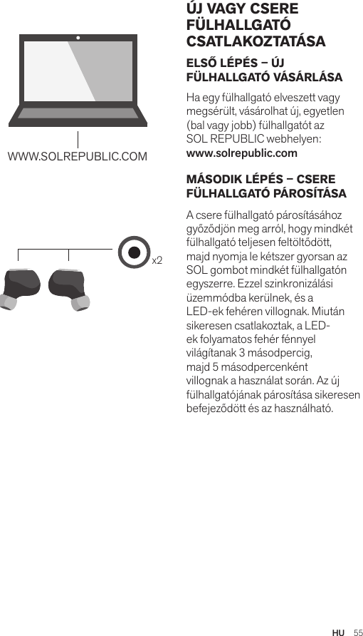 Amps Air 2.0Bluetooth®DevicesAmps Air MonoBluetooth®Devicesx2WWW.SOLREPUBLIC.COMAmps AirBluetooth®DevicesAmps Air MonoBluetooth®DevicesELSŐ LÉPÉS – ÚJ FÜLHALLGATÓ VÁSÁRLÁSA Ha egy fülhallgató elveszett vagy megsérült, vásárolhat új, egyetlen (bal vagy jobb) fülhallgatót az  SOL REPUBLIC webhelyen:  www.solrepublic.com MÁSODIK LÉPÉS – CSERE FÜLHALLGATÓ PÁROSÍTÁSA A csere fülhallgató párosításához győződjön meg arról, hogy mindkét fülhallgató teljesen feltöltődött, majd nyomja le kétszer gyorsan az SOL gombot mindkét fülhallgatón egyszerre. Ezzel szinkronizálási üzemmódba kerülnek, és a LED-ek fehéren villognak. Miután sikeresen csatlakoztak, a LED-ek folyamatos fehér fénnyel világítanak 3 másodpercig, majd 5 másodpercenként villognak a használat során. Az új fülhallgatójának párosítása sikeresen befejeződött és az használható.ÚJ VAGY CSERE FÜLHALLGATÓ CSATLAKOZTATÁSAHU  55