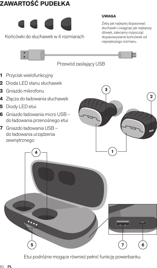 60  PLAmps Air 2.0Bluetooth®DevicesAmps Air MonoBluetooth®DevicesAmps Air 2.0Bluetooth®DevicesAmps Air MonoBluetooth®DevicesZAWARTOŚĆ PUDEŁKAKońcówki do słuchawek w 4 rozmiarachPrzewód zasilający USBEtui podróżne mogące również pełnić funkcję powerbanku12345 7 61   Przycisk wielofunkcyjny 2   Dioda LED stanu słuchawek 3   Gniazdo mikrofonu 4   Złącza do ładowania słuchawek 5   Diody LED etui 6   Gniazdo ładowania micro USB – do ładowania przenośnego etui 7   Gniazdo ładowania USB – do ładowania urządzenia zewnętrznegoUWAGA Żeby jak najlepiej dopasować słuchawki i osiągnąć jak najlepszy dźwięk, zalecamy rozpocząć dopasowywanie końcówek od największego rozmiaru.Amps Air 2.0Bluetooth®DevicesAmps Air MonoBluetooth®DevicesAmps Air 2.0Bluetooth®DevicesAmps Air MonoBluetooth®DevicesAmps Air 2.0Bluetooth®DevicesAmps Air MonoBluetooth®Devices