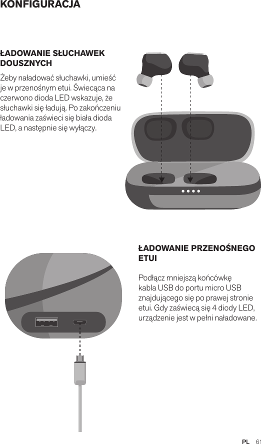 PL  61KONFIGURACJAŁADOWANIE SŁUCHAWEK DOUSZNYCH Żeby naładować słuchawki, umieść je w przenośnym etui. Świecąca na czerwono dioda LED wskazuje, że słuchawki się ładują. Po zakończeniu ładowania zaświeci się biała dioda LED, a następnie się wyłączy. ŁADOWANIE PRZENOŚNEGO ETUI Podłącz mniejszą końcówkę kabla USB do portu micro USB znajdującego się po prawej stronie etui. Gdy zaświecą się 4 diody LED, urządzenie jest w pełni naładowane.Amps Air 2.0Bluetooth®DevicesAmps Air MonoBluetooth®DevicesAmps Air 2.0Bluetooth®DevicesAmps Air MonoBluetooth®DevicesAmps Air 2.0Bluetooth®DevicesAmps Air MonoBluetooth®Devices