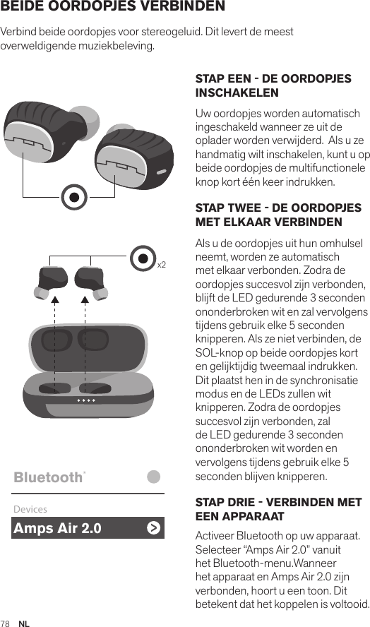 Amps Air 2.0Bluetooth®DevicesAmps Air MonoBluetooth®DevicesAmps Air 2.0Bluetooth®DevicesAmps Air MonoBluetooth®Devicesx2Amps Air 2.0Bluetooth®DevicesAmps Air MonoBluetooth®DevicesSTAP EEN - DE OORDOPJES INSCHAKELENUw oordopjes worden automatisch ingeschakeld wanneer ze uit de oplader worden verwijderd.  Als u ze handmatig wilt inschakelen, kunt u op beide oordopjes de multifunctionele knop kort één keer indrukken. STAP TWEE - DE OORDOPJES MET ELKAAR VERBINDEN Als u de oordopjes uit hun omhulsel neemt, worden ze automatisch met elkaar verbonden. Zodra de oordopjes succesvol zijn verbonden, blijft de LED gedurende 3 seconden ononderbroken wit en zal vervolgens tijdens gebruik elke 5 seconden knipperen. Als ze niet verbinden, de SOL-knop op beide oordopjes kort en gelijktijdig tweemaal indrukken. Dit plaatst hen in de synchronisatie modus en de LEDs zullen wit knipperen. Zodra de oordopjes succesvol zijn verbonden, zal de LED gedurende 3 seconden ononderbroken wit worden en vervolgens tijdens gebruik elke 5 seconden blijven knipperen. STAP DRIE - VERBINDEN MET EEN APPARAAT Activeer Bluetooth op uw apparaat. Selecteer “Amps Air 2.0” vanuit het Bluetooth-menu.Wanneer het apparaat en Amps Air 2.0 zijn verbonden, hoort u een toon. Dit betekent dat het koppelen is voltooid.BEIDE OORDOPJES VERBINDEN Verbind beide oordopjes voor stereogeluid. Dit levert de meest overweldigende muziekbeleving. 78  NL