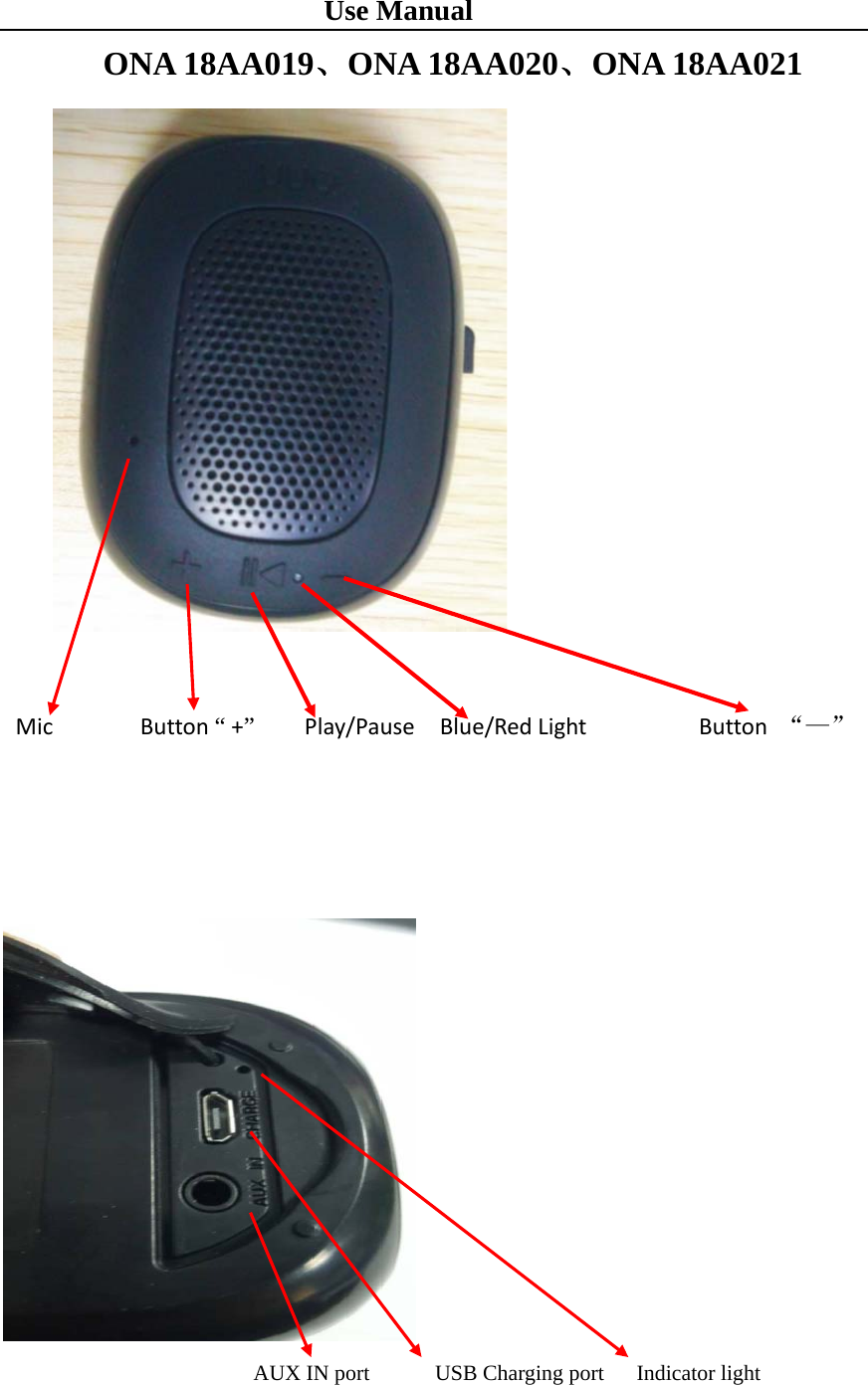 Use Manual ONA 18AA019、ONA 18AA020、ONA 18AA021     Mic       Button “ +”    Play/Pause  Blue/Red Light         Button “—”                              AUX IN port      USB Charging port   Indicator light 