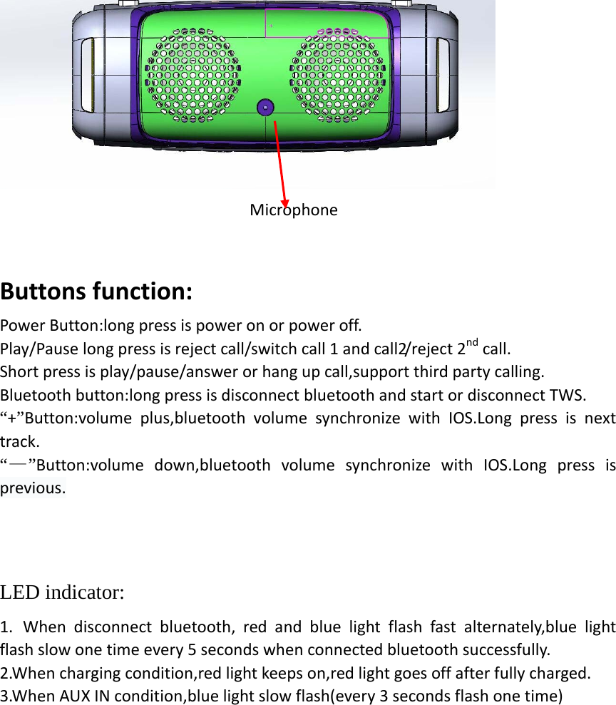                        Microphone  Buttons function: Power Button:long press is power on or power off. Play/Pause long press is reject call/switch call 1 and call2/reject 2nd call. Short press is play/pause/answer or hang up call,support third party calling. Bluetooth button:long press is disconnect bluetooth and start or disconnect TWS. “+”Button:volume plus,bluetooth volume synchronize with IOS.Long press is next track. “—”Button:volume down,bluetooth volume synchronize with IOS.Long press is previous.                                                                                       LED indicator: 1. When disconnect bluetooth, red and blue light flash fast alternately,blue light flash slow one time every 5 seconds when connected bluetooth successfully. 2.When charging condition,red light keeps on,red light goes off after fully charged. 3.When AUX IN condition,blue light slow flash(every 3 seconds flash one time)          
