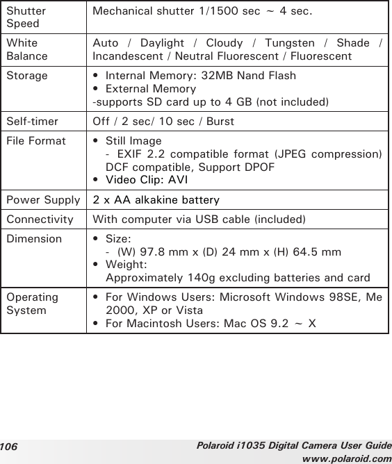 106 Polaroid i1035 Digital Camera User Guidewww.polaroid.comShutter SpeedMechanical shutter 1/1500 sec ~ 4 sec.White BalanceAuto  /  Daylight  /  Cloudy  /  Tungsten  /  Shade  / Incandescent / Neutral Fluorescent / FluorescentStorage •  Internal Memory: 32MB Nand Flash•  External Memory-supports SD card up to 4 GB (not included)Self-timer Off / 2 sec/ 10 sec / BurstFile Format •  Still Image  -  EXIF 2.2 compatible format (JPEG compression) DCF compatible, Support DPOF•  Video Clip: AVIPower Supply 2 x AA alkakine batteryConnectivity With computer via USB cable (included)Dimension •  Size:  -  (W) 97.8 mm x (D) 24 mm x (H) 64.5 mm•  Weight:  Approximately 140g excluding batteries and cardOperating System•  For Windows Users: Microsoft Windows 98SE, Me 2000, XP or Vista•  For Macintosh Users: Mac OS 9.2 ~ X