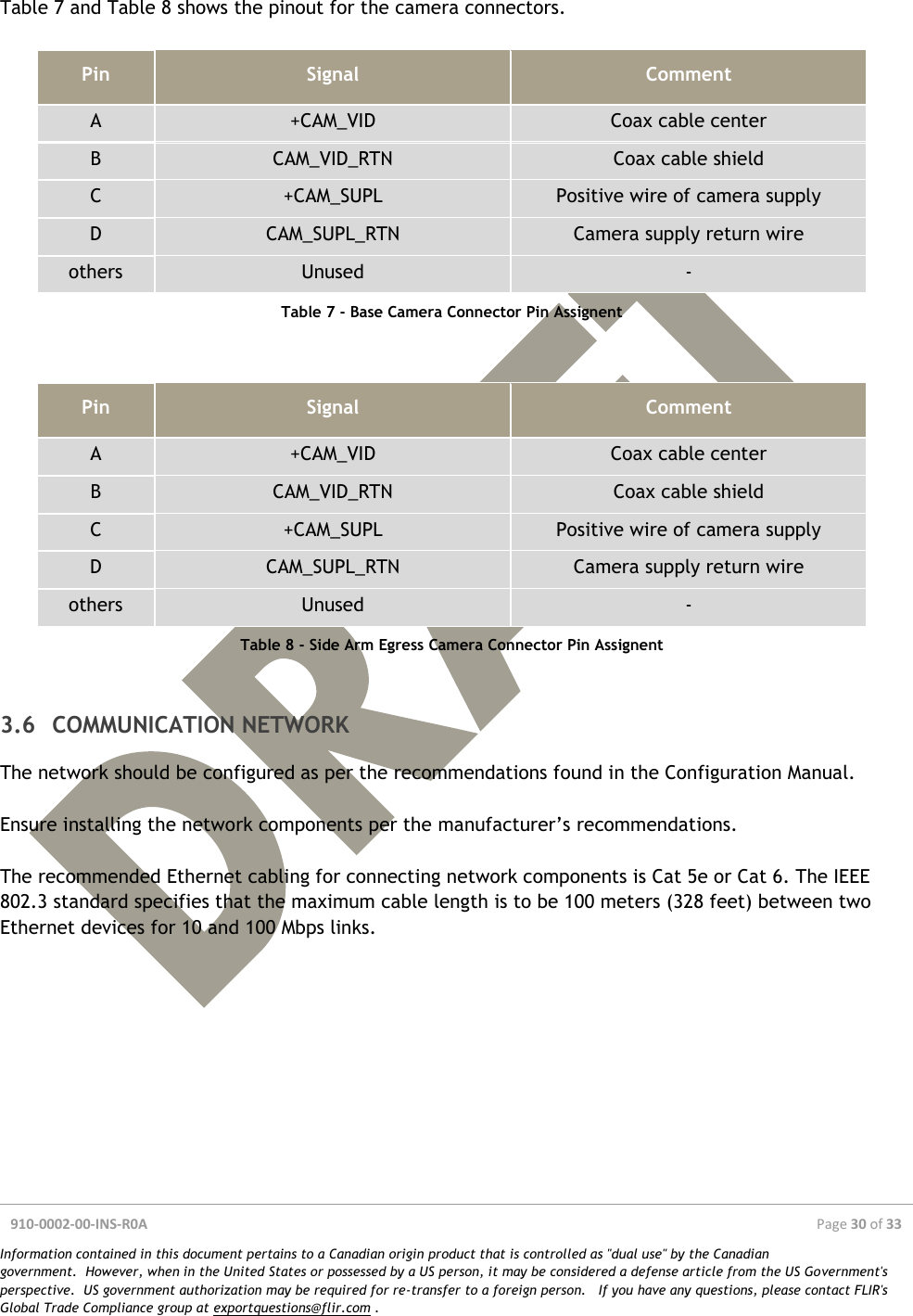  910-0002-00-INS-R0A  Page 30 of 33  Information contained in this document pertains to a Canadian origin product that is controlled as &quot;dual use&quot; by the Canadian government.  However, when in the United States or possessed by a US person, it may be considered a defense article from the US Government&apos;s perspective.  US government authorization may be required for re-transfer to a foreign person.   If you have any questions, please contact FLIR&apos;s Global Trade Compliance group at exportquestions@flir.com .  Table 7 and Table 8 shows the pinout for the camera connectors.  Pin Signal Comment A +CAM_VID Coax cable center B CAM_VID_RTN Coax cable shield C +CAM_SUPL Positive wire of camera supply D CAM_SUPL_RTN Camera supply return wire others Unused - Table 7 - Base Camera Connector Pin Assignent   Pin Signal Comment A +CAM_VID Coax cable center B CAM_VID_RTN Coax cable shield C +CAM_SUPL Positive wire of camera supply D CAM_SUPL_RTN Camera supply return wire others Unused - Table 8 - Side Arm Egress Camera Connector Pin Assignent  3.6 COMMUNICATION NETWORK The network should be configured as per the recommendations found in the Configuration Manual.  Ensure installing the network components per the manufacturer’s recommendations.  The recommended Ethernet cabling for connecting network components is Cat 5e or Cat 6. The IEEE 802.3 standard specifies that the maximum cable length is to be 100 meters (328 feet) between two Ethernet devices for 10 and 100 Mbps links.    