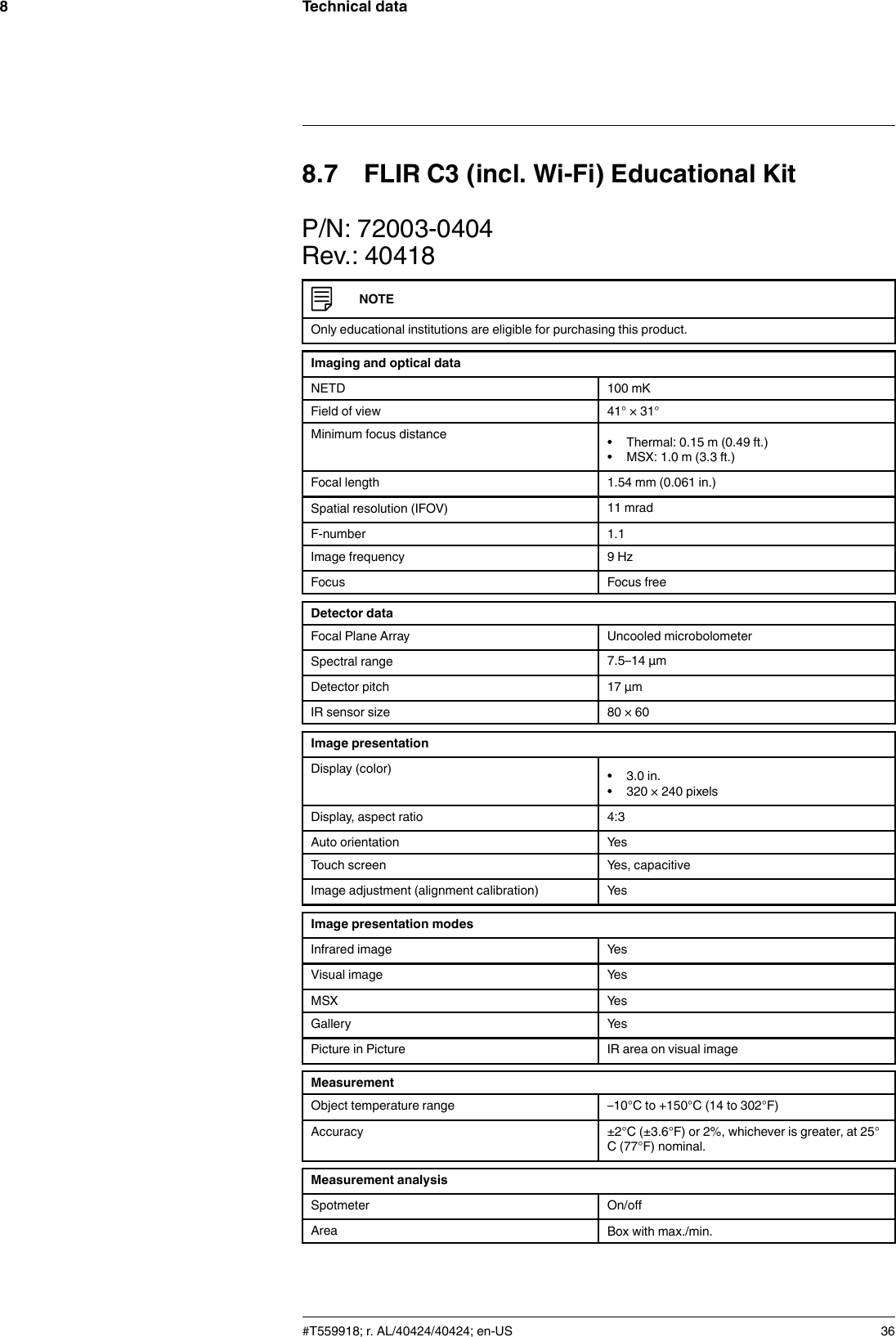 Technical data88.7 FLIR C3 (incl. Wi-Fi) Educational KitP/N: 72003-0404Rev.: 40418NOTEOnly educational institutions are eligible for purchasing this product.Imaging and optical dataNETD 100 mKField of view 41° × 31°Minimum focus distance • Thermal: 0.15 m (0.49 ft.)• MSX: 1.0 m (3.3 ft.)Focal length 1.54 mm (0.061 in.)Spatial resolution (IFOV) 11 mradF-number 1.1Image frequency 9 HzFocus Focus freeDetector dataFocal Plane Array Uncooled microbolometerSpectral range 7.5–14 µmDetector pitch 17 µmIR sensor size 80 × 60Image presentationDisplay (color) • 3.0 in.• 320 × 240 pixelsDisplay, aspect ratio 4:3Auto orientation YesTouch screen Yes, capacitiveImage adjustment (alignment calibration) YesImage presentation modesInfrared image YesVisual image YesMSX YesGallery YesPicture in Picture IR area on visual imageMeasurementObject temperature range –10°C to +150°C (14 to 302°F)Accuracy ±2°C (±3.6°F) or 2%, whichever is greater, at 25°C (77°F) nominal.Measurement analysisSpotmeter On/offArea Box with max./min.#T559918; r. AL/40424/40424; en-US 36